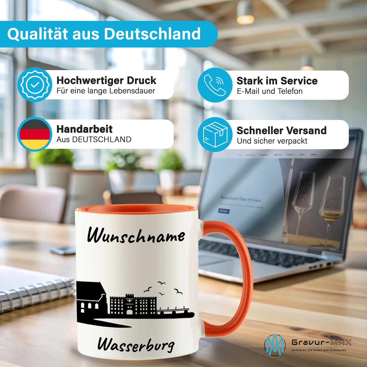 Tasse in Orange 330ml bedruckt mit der Skyline von Wasserburg personalisierbar mit Wunschname