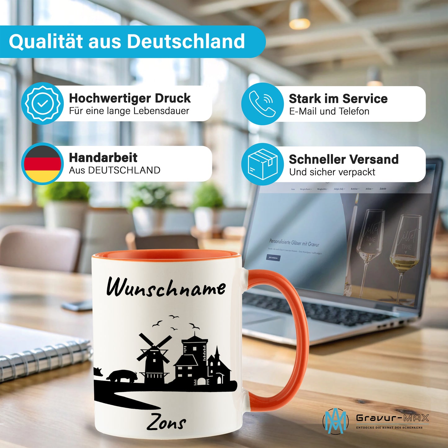 Tasse in Orange 330ml bedruckt mit der Skyline von Zons (Dormagen) personalisierbar mit Wunschname