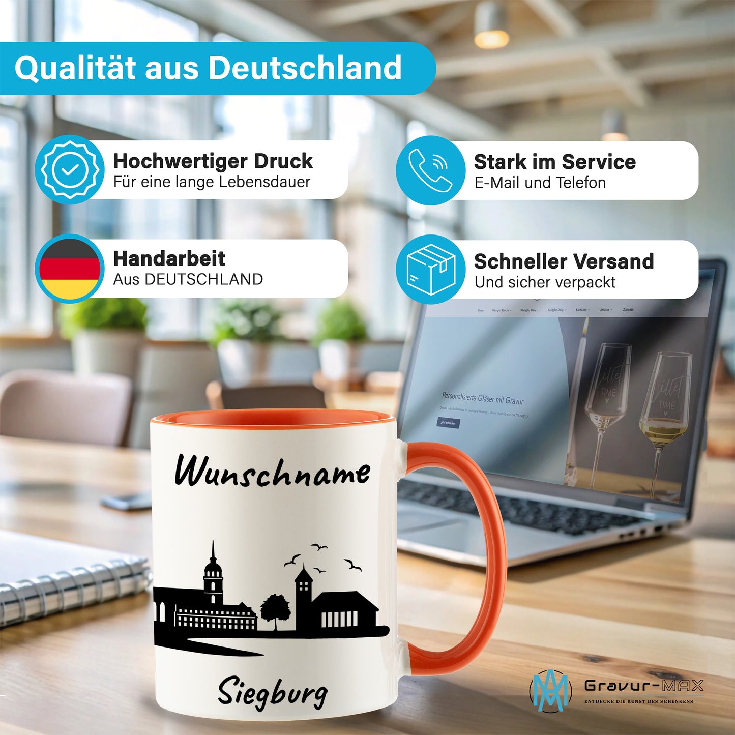 Tasse in Orange 330ml bedruckt mit der Skyline von Siegburg personalisierbar mit Wunschname