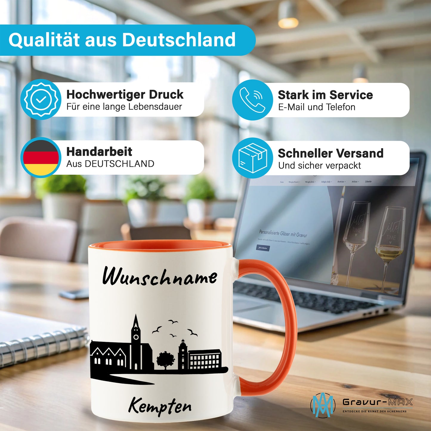 Tasse in Orange 330ml bedruckt mit der Skyline von Kempten personalisierbar mit Wunschname