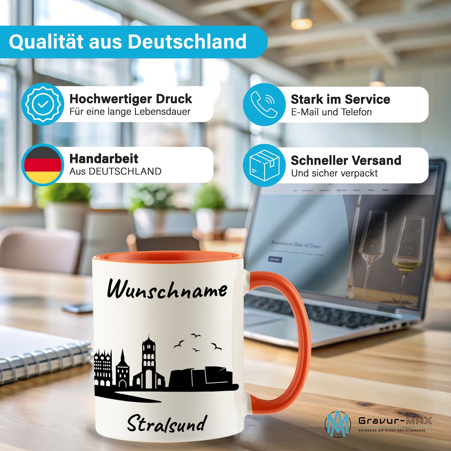Tasse in Orange 330ml bedruckt mit der Skyline von Stralsund personalisierbar mit Wunschname