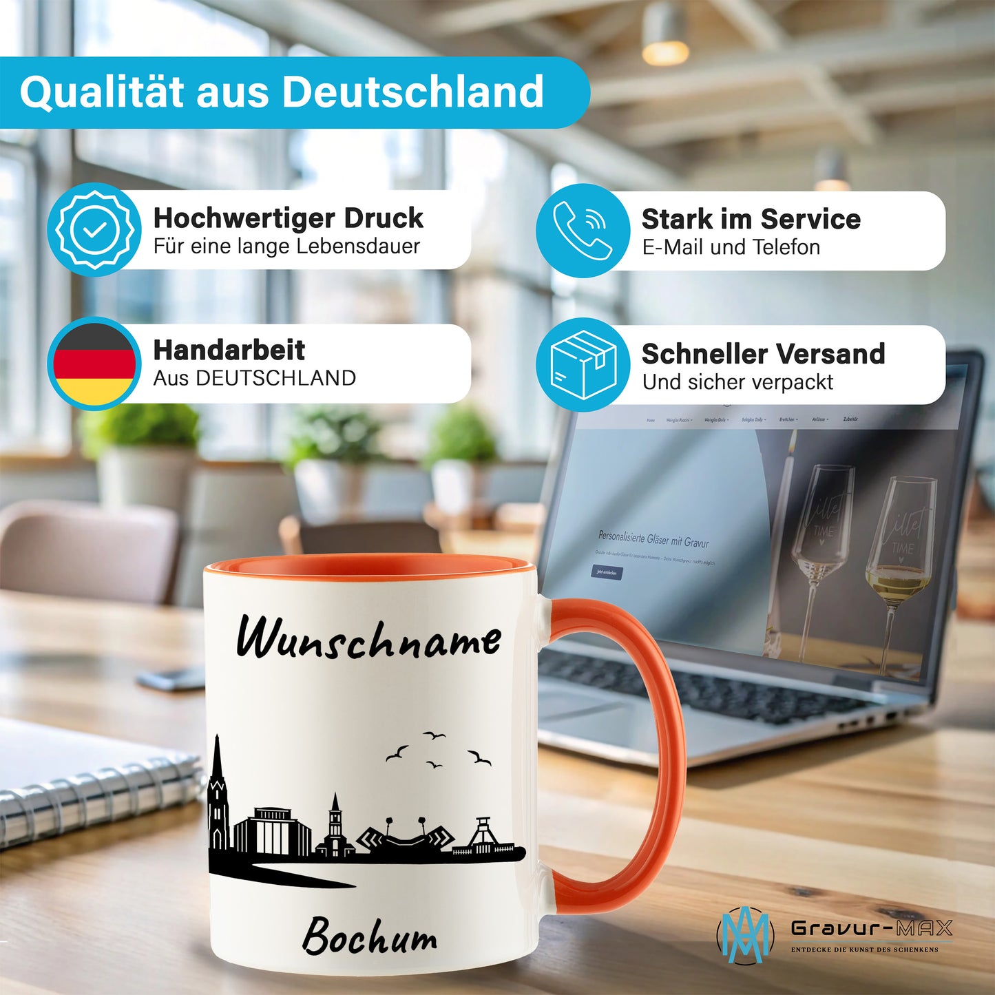 Tasse in Orange 330ml bedruckt mit der Skyline von Bochum personalisierbar mit Wunschname