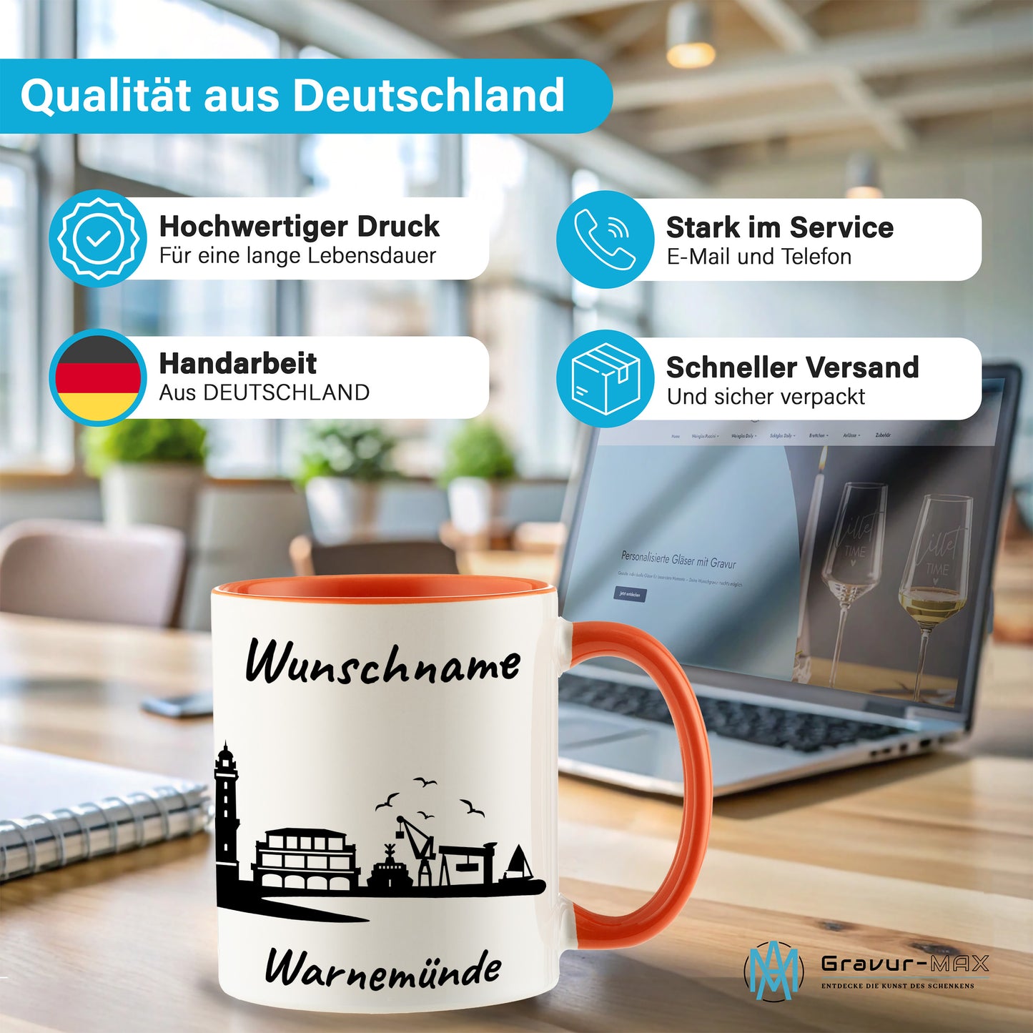 Tasse in Orange 330ml bedruckt mit der Skyline von Warnemünde personalisierbar mit Wunschname