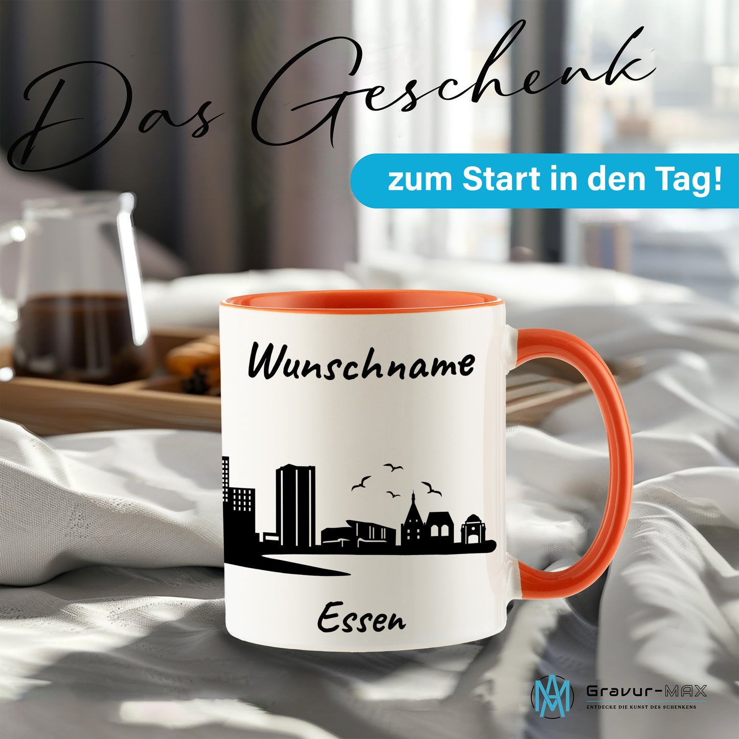 Tasse in Orange 330ml bedruckt mit der Skyline von Essen personalisierbar mit Wunschname