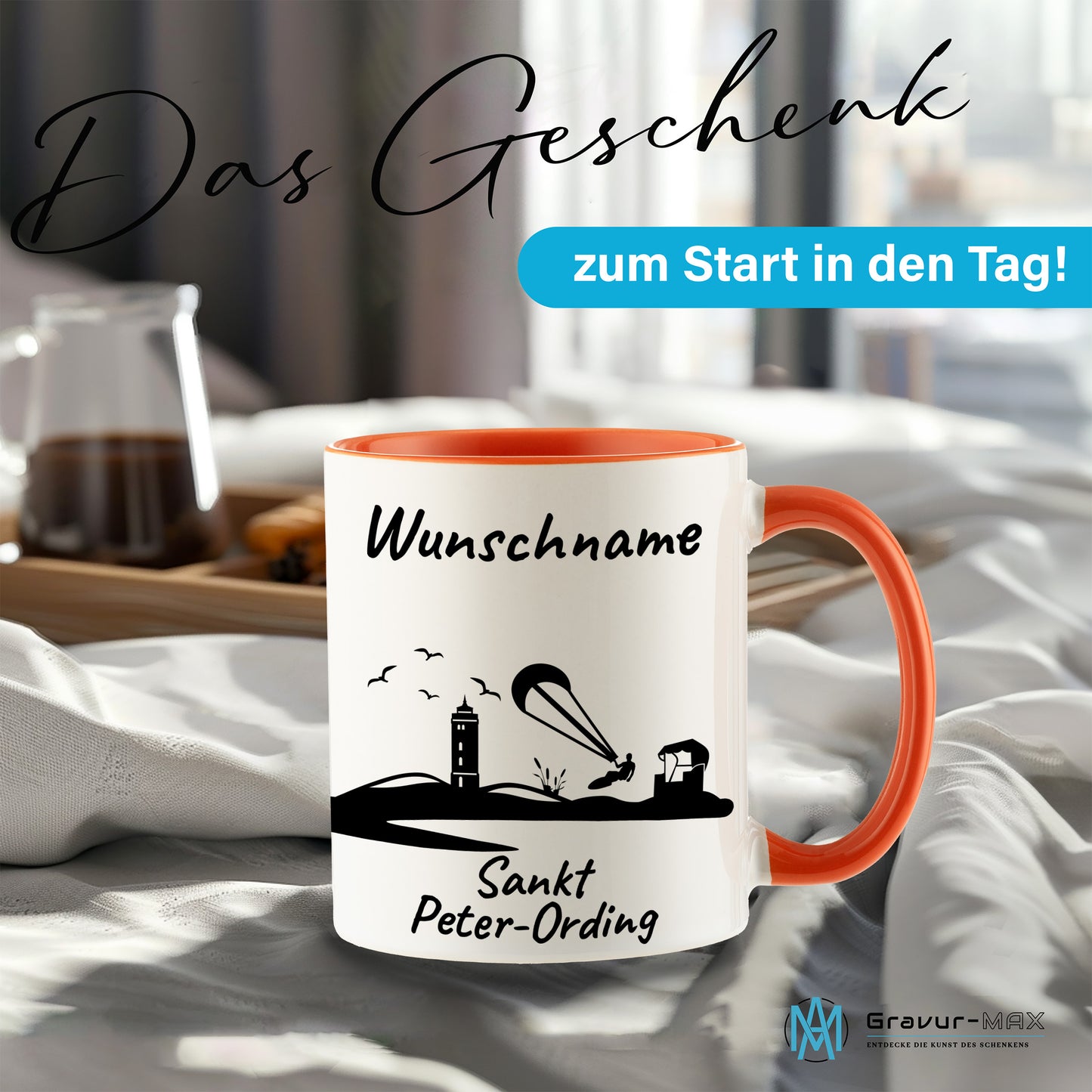 Tasse in Orange 330ml bedruckt mit der Skyline von Sankt Peter-Ording personalisierbar mit Wunschname