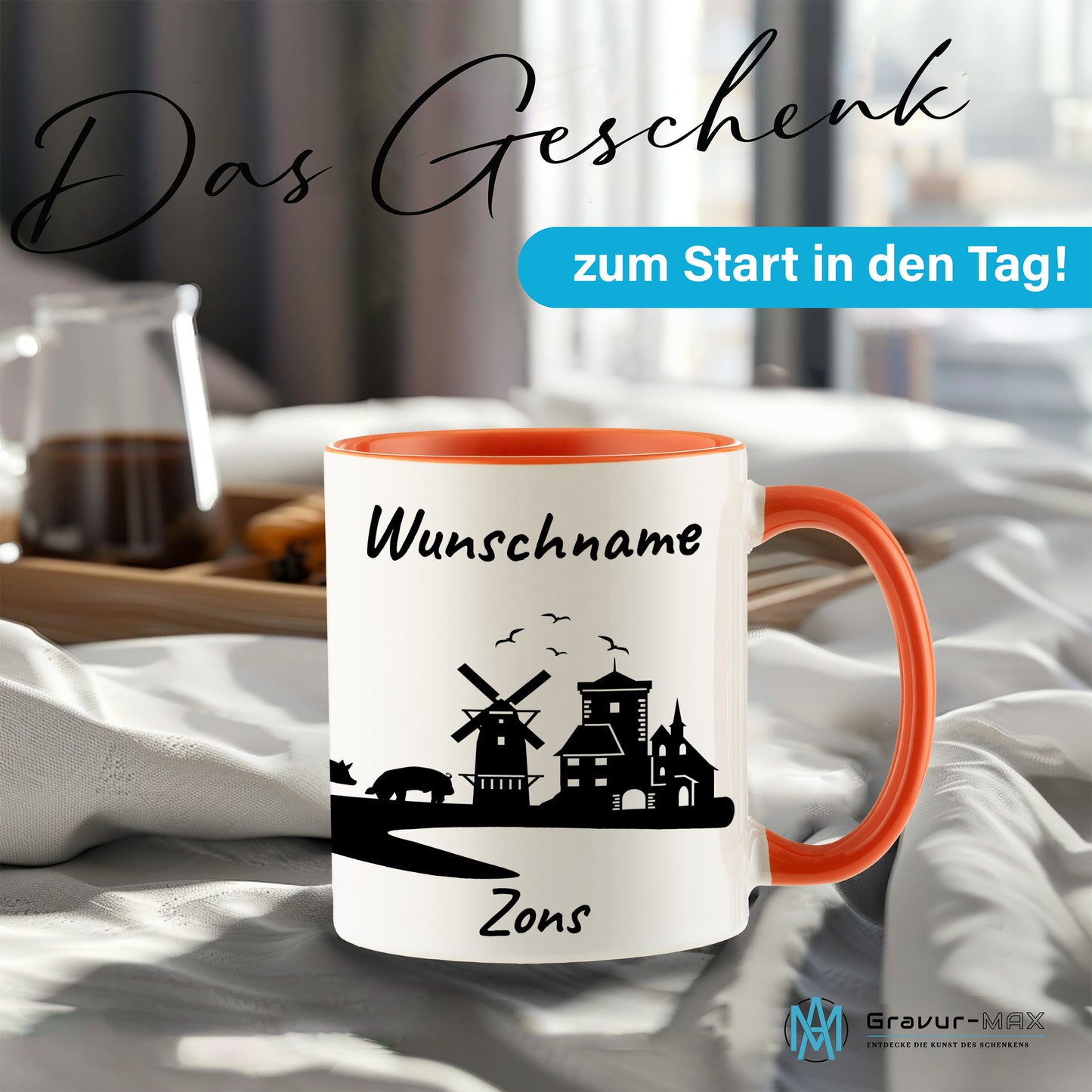 Tasse in Orange 330ml bedruckt mit der Skyline von Zons (Dormagen) personalisierbar mit Wunschname
