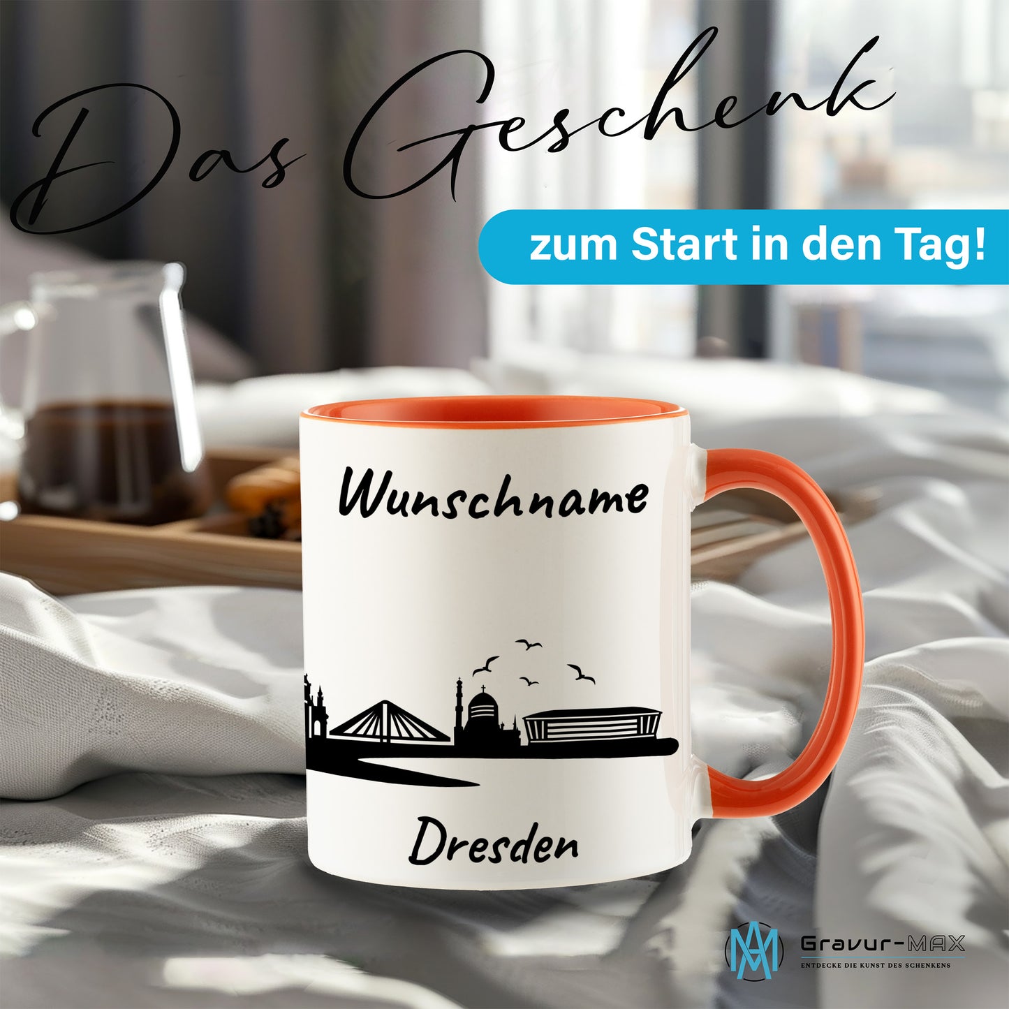 Tasse in Orange 330ml bedruckt mit der Skyline von Dresden personalisierbar mit Wunschname