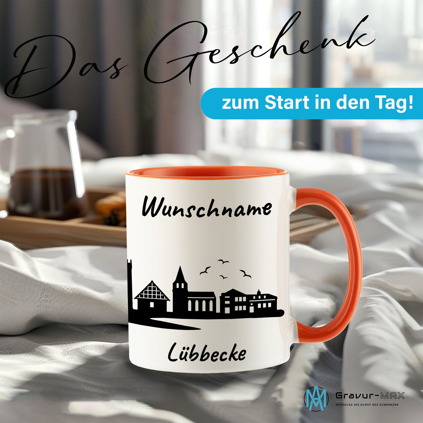 Tasse in Orange 330ml bedruckt mit der Skyline von Lübbecke personalisierbar mit Wunschname