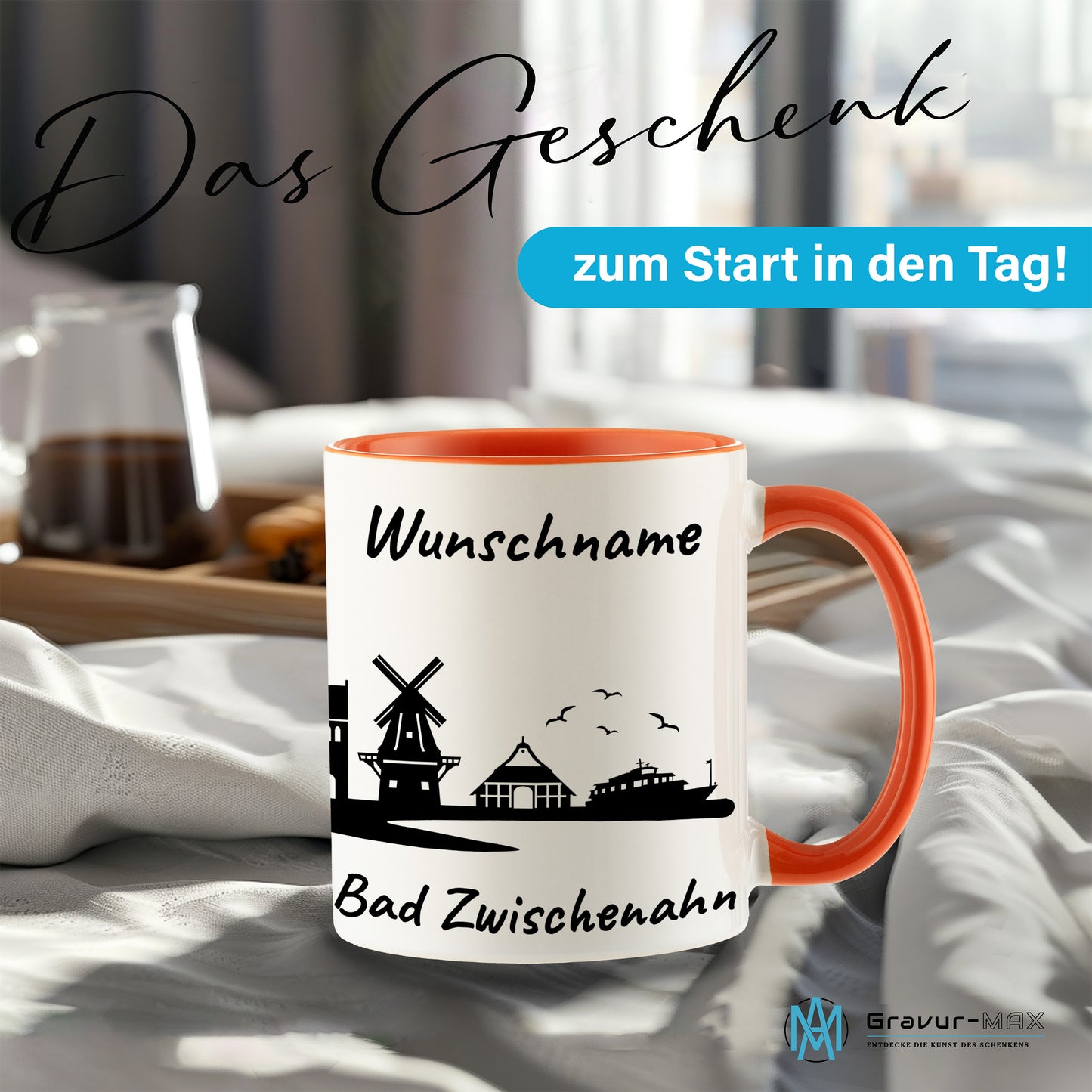 Tasse in Orange 330ml bedruckt mit der Skyline von Bad Zwischenahn personalisierbar mit Wunschname