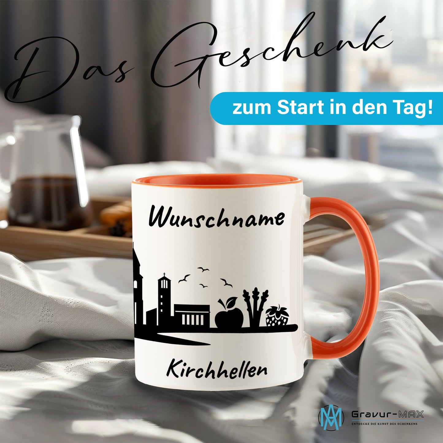 Tasse in Orange 330ml bedruckt mit der Skyline von Kirchhellen personalisierbar mit Wunschname