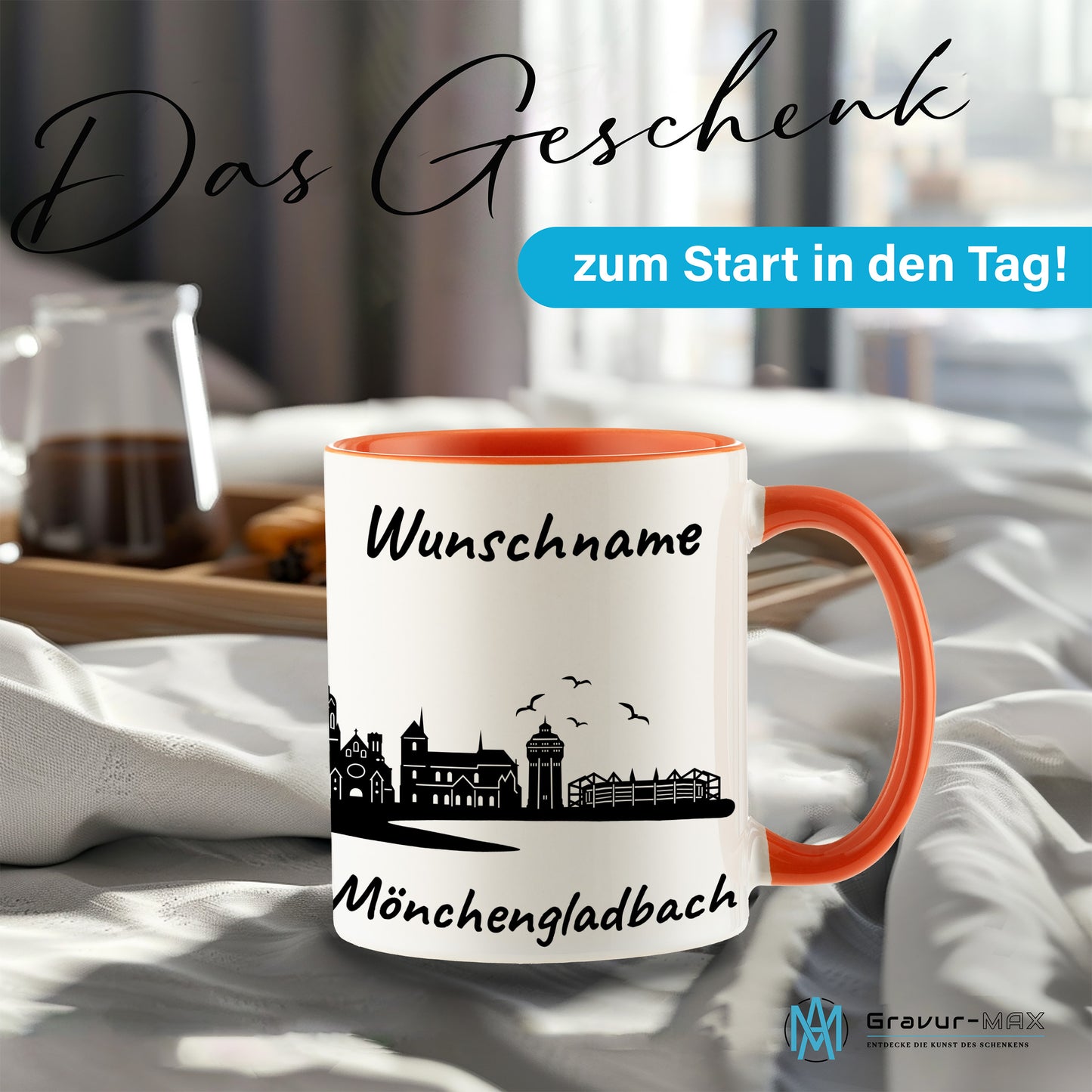 Tasse in Orange 330ml bedruckt mit der Skyline von Mönchengladbach personalisierbar mit Wunschname