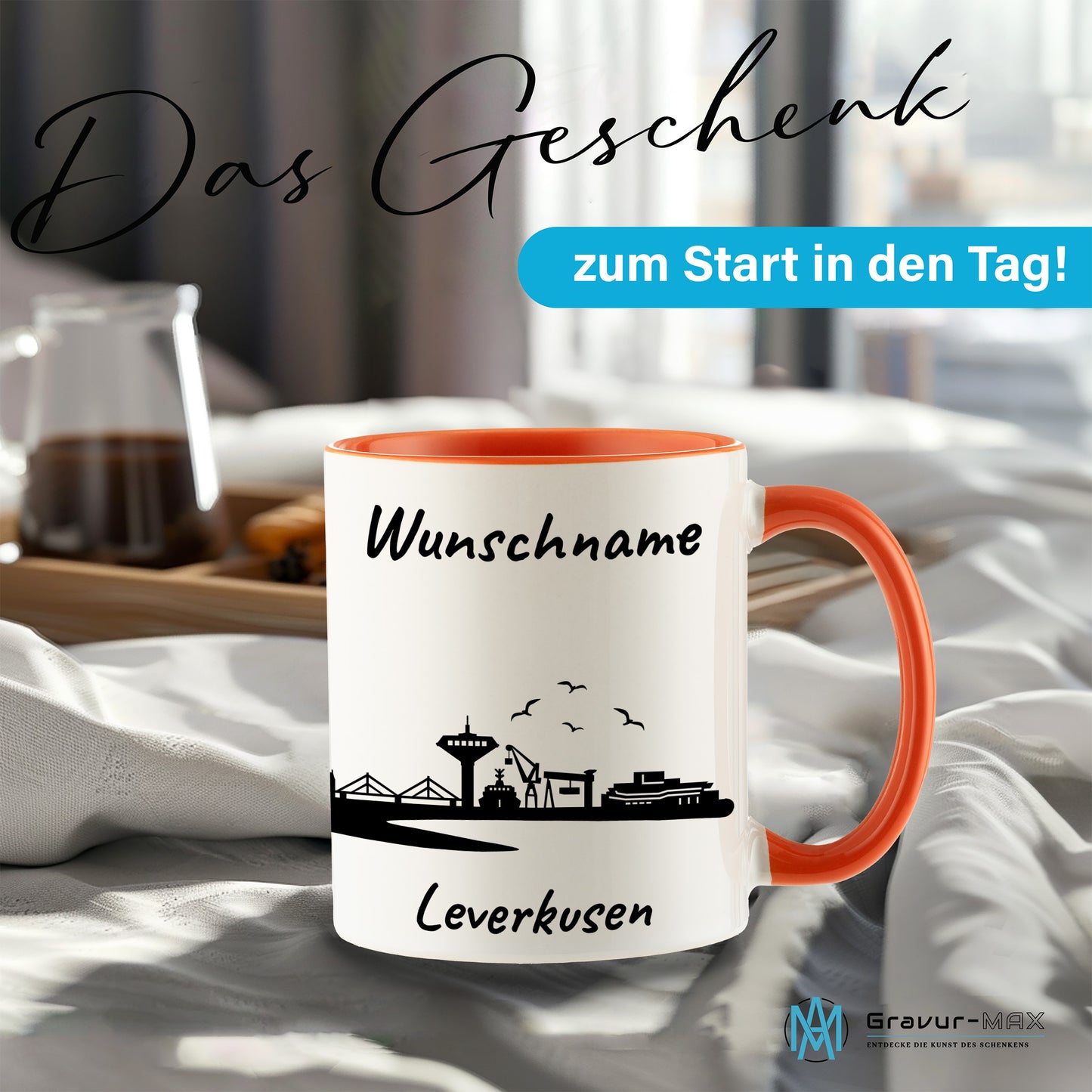 Tasse in Orange 330ml bedruckt mit der Skyline von Leverkusen personalisierbar mit Wunschname