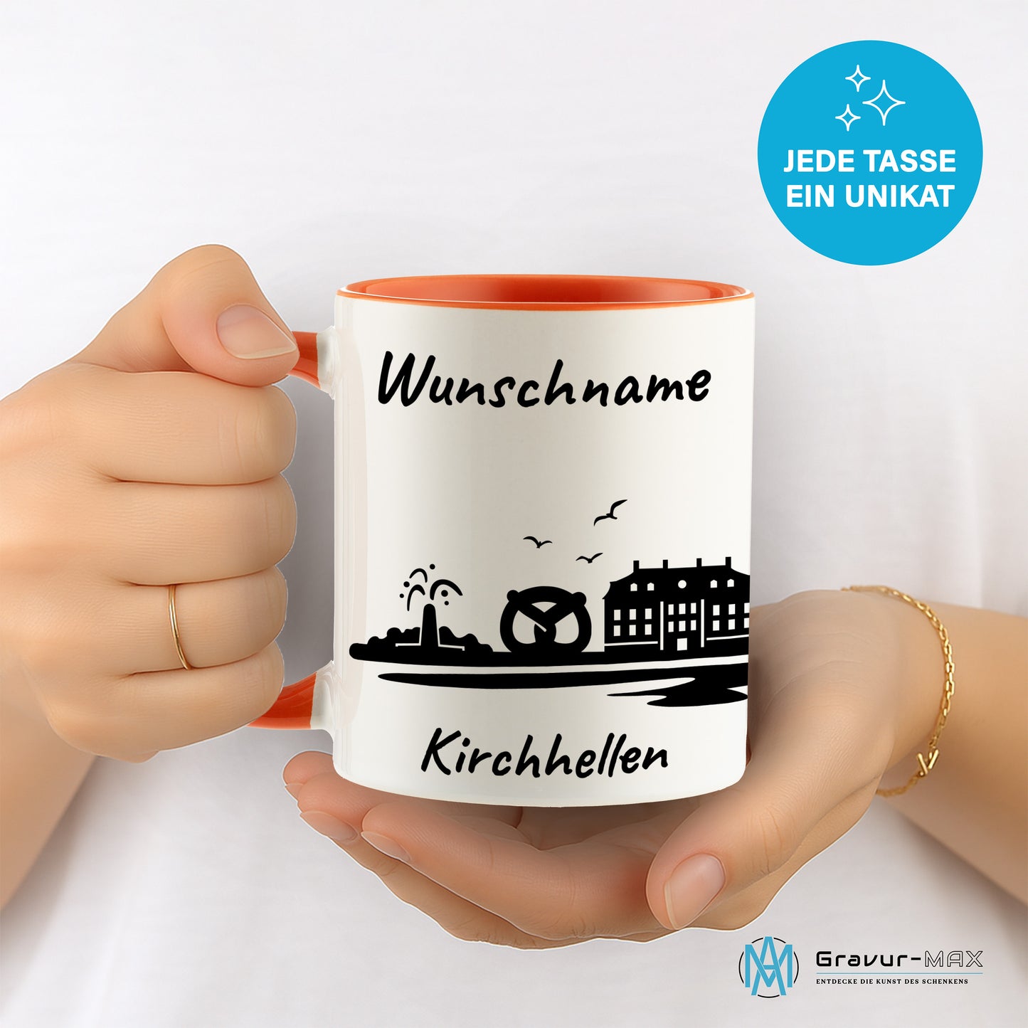 Tasse in Orange 330ml bedruckt mit der Skyline von Kirchhellen personalisierbar mit Wunschname