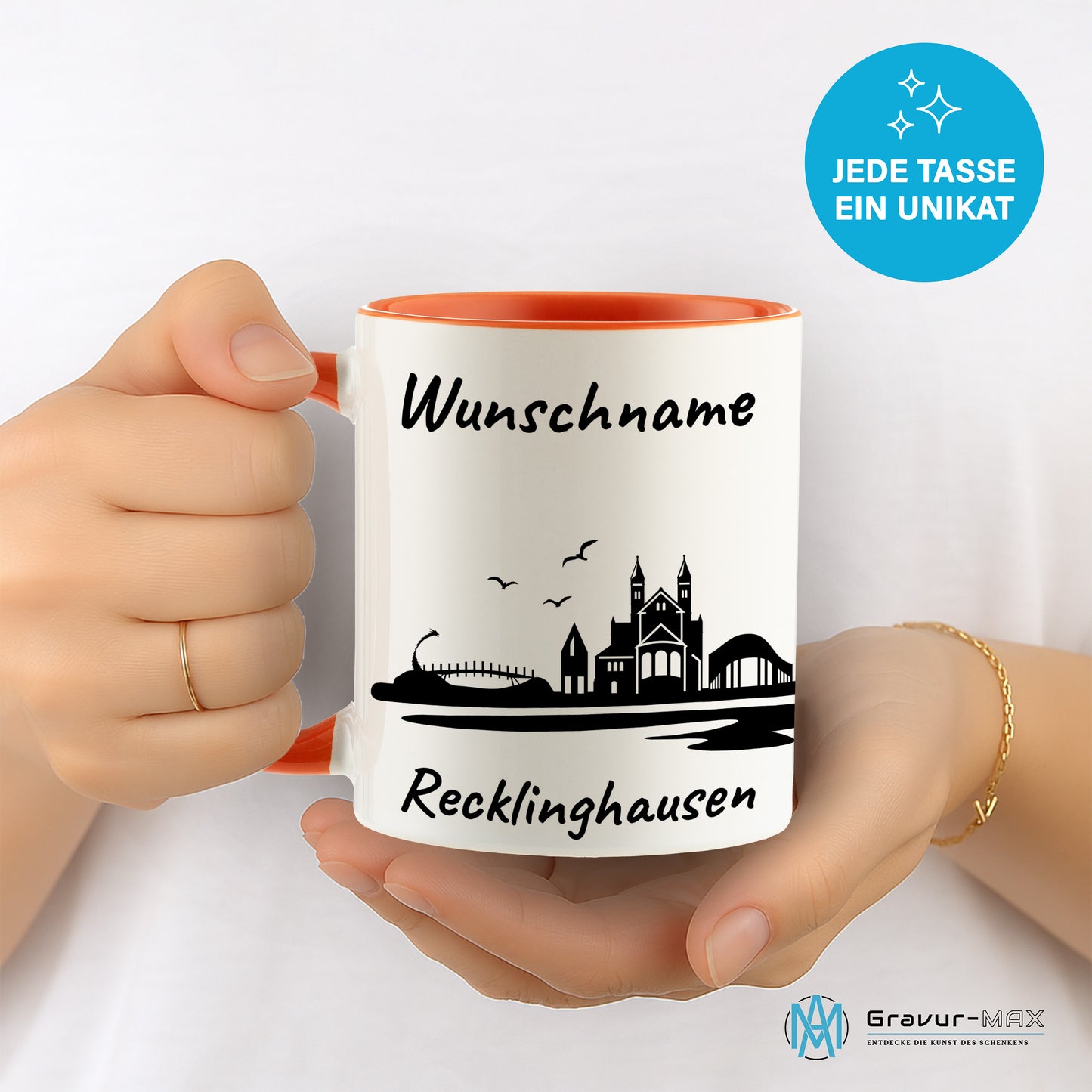 Tasse in Orange 330ml bedruckt mit der Skyline von Recklinghausen personalisierbar mit Wunschname