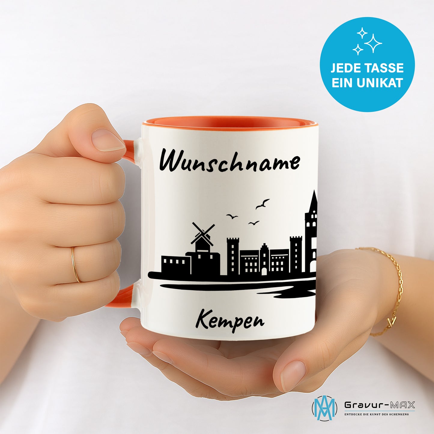 Tasse in Orange 330ml bedruckt mit der Skyline von Kempen personalisierbar mit Wunschname