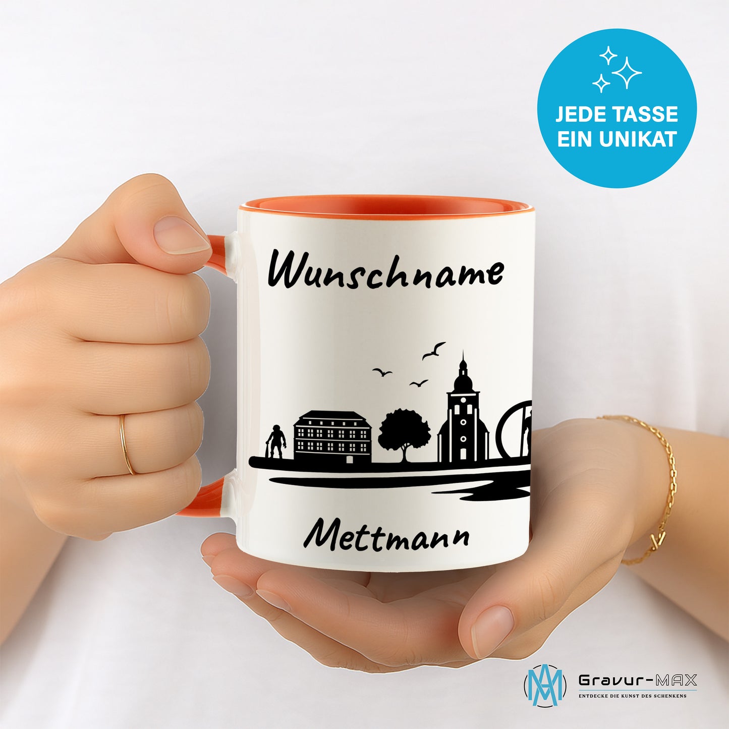 Tasse in Orange 330ml bedruckt mit der Skyline von Mettmann personalisierbar mit Wunschname