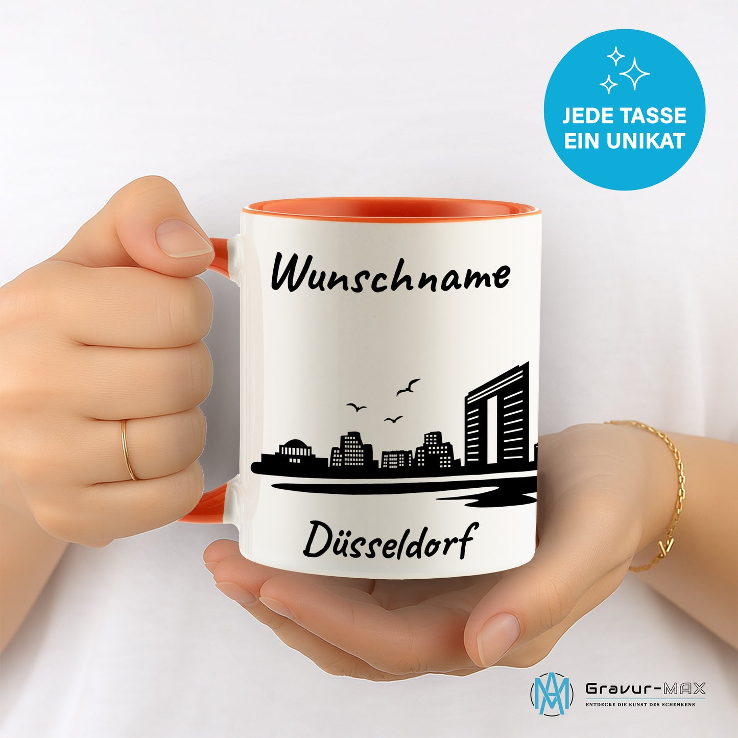 Tasse in Orange 330ml bedruckt mit der Skyline von Düsseldorf personalisierbar mit Wunschname