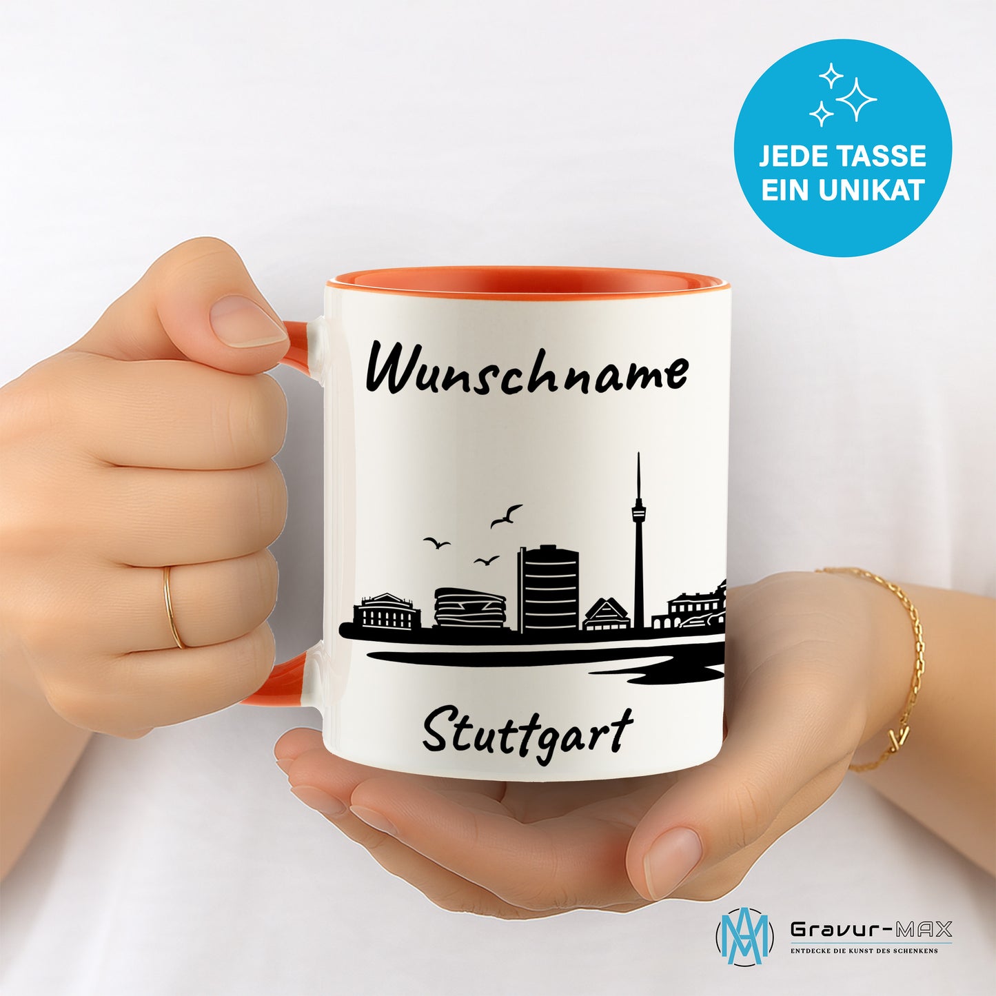 Tasse in Orange 330ml bedruckt mit der Skyline von Stuttgart personalisierbar mit Wunschname