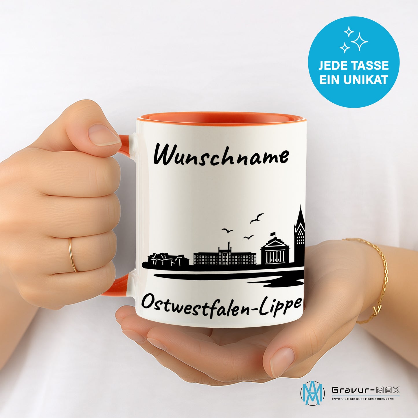 Tasse in Orange 330ml bedruckt mit der Skyline von Ostwestfalen-Lippe personalisierbar mit Wunschname