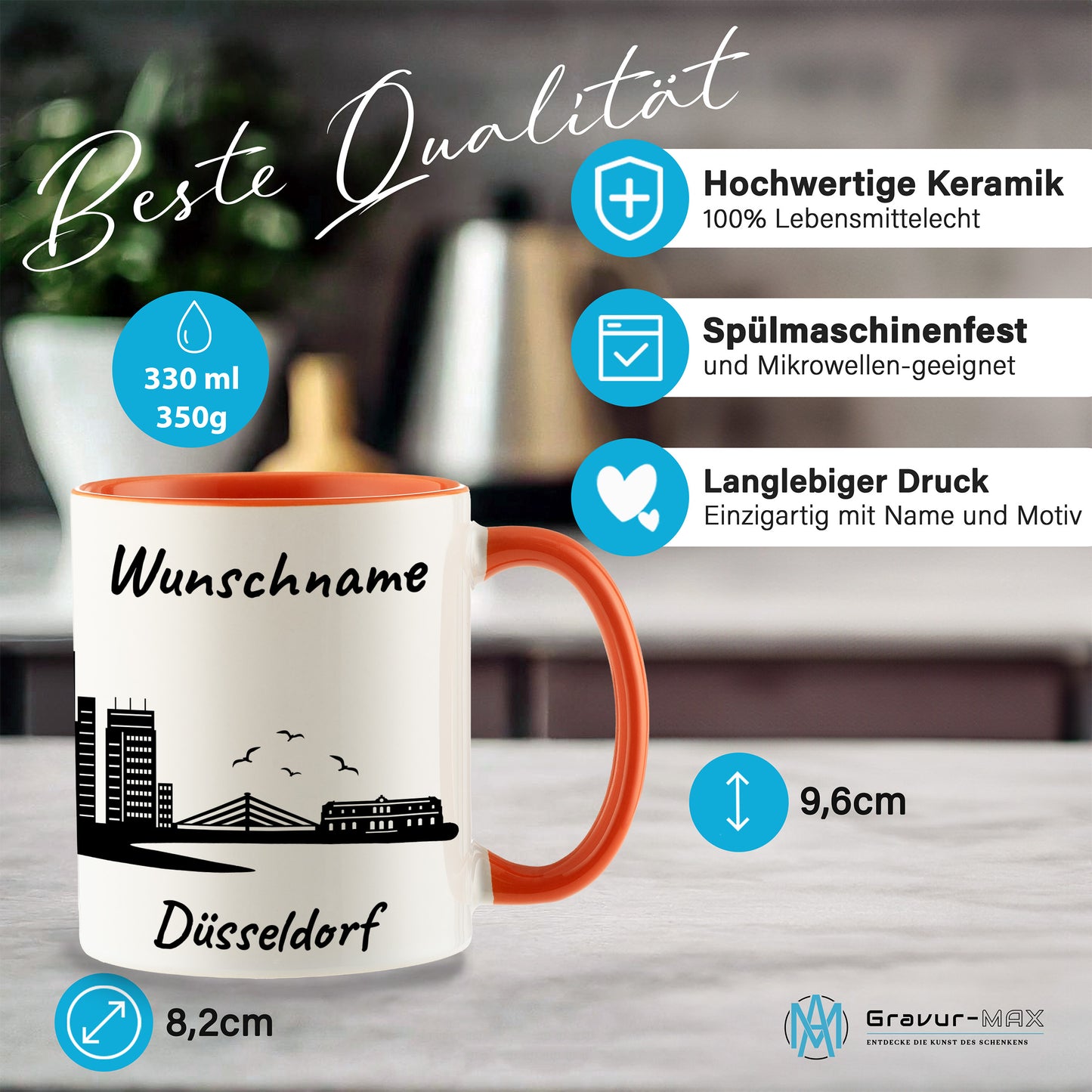 Tasse in Orange 330ml bedruckt mit der Skyline von Düsseldorf personalisierbar mit Wunschname