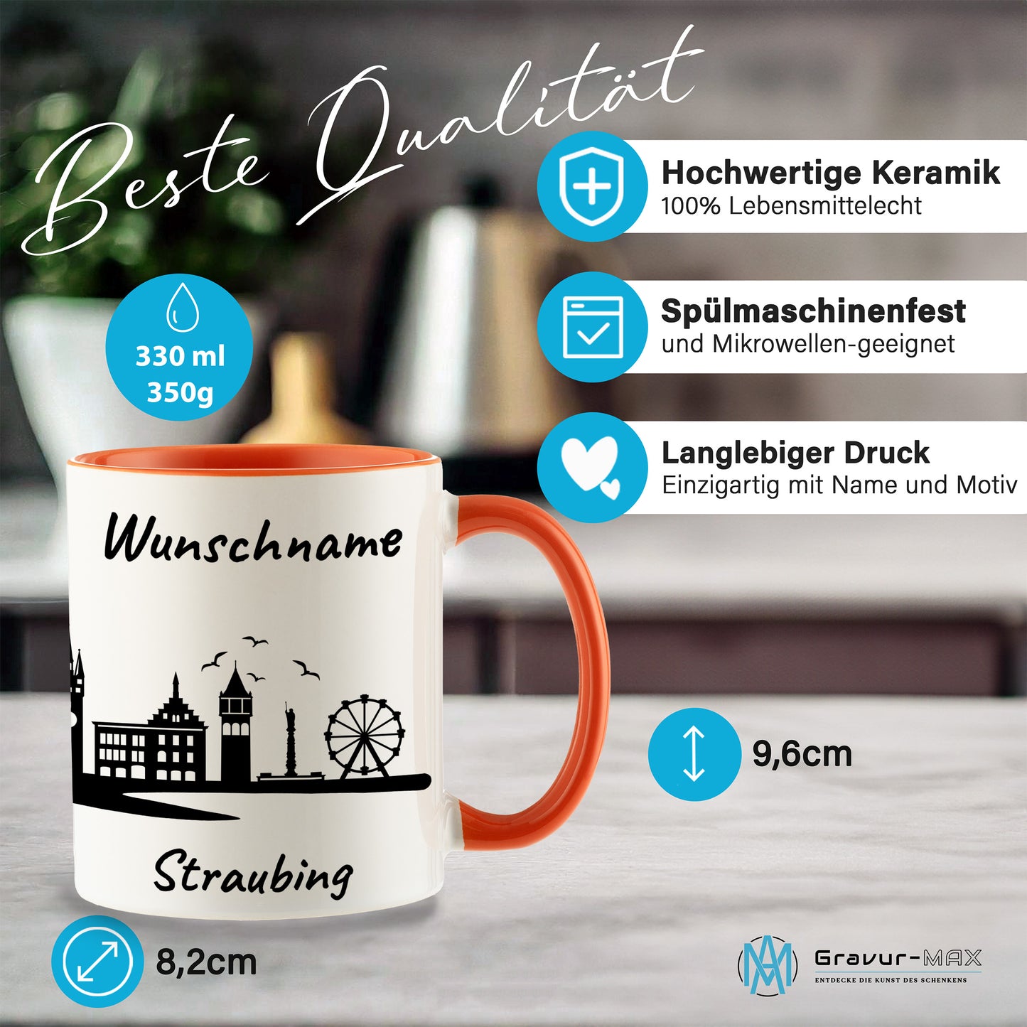 Tasse in Orange 330ml bedruckt mit der Skyline von Straubing personalisierbar mit Wunschname