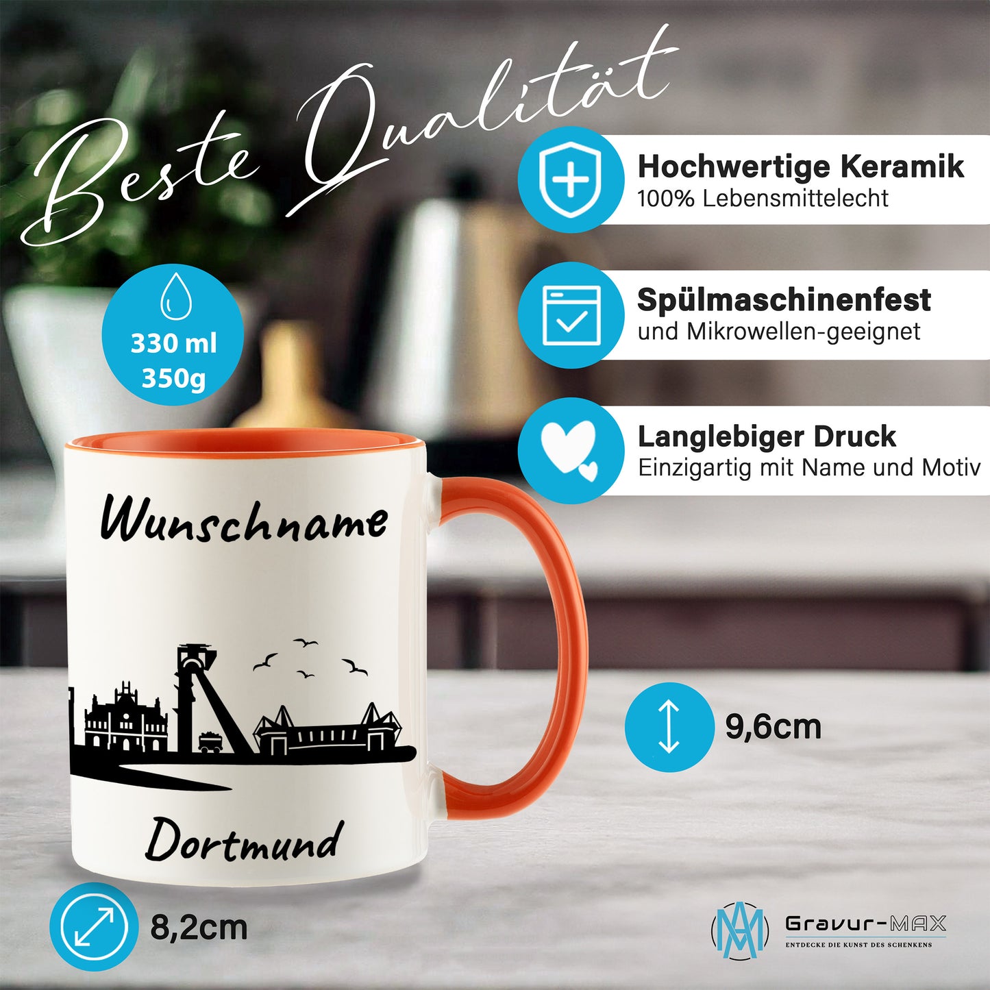 Tasse in Orange 330ml bedruckt mit der Skyline von Dortmund personalisierbar mit Wunschname