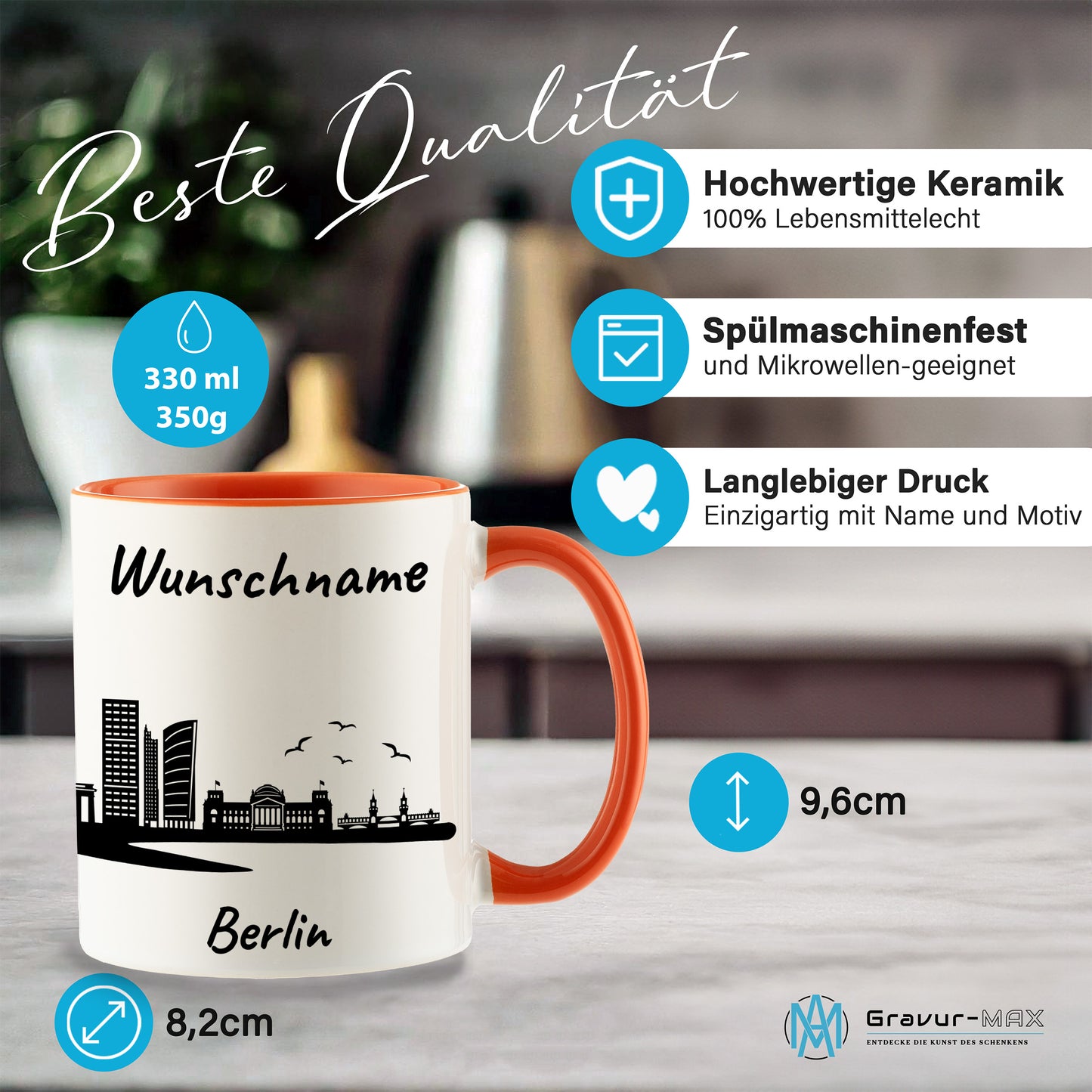 Tasse in Orange 330ml bedruckt mit der Skyline von Berlin personalisierbar mit Wunschname