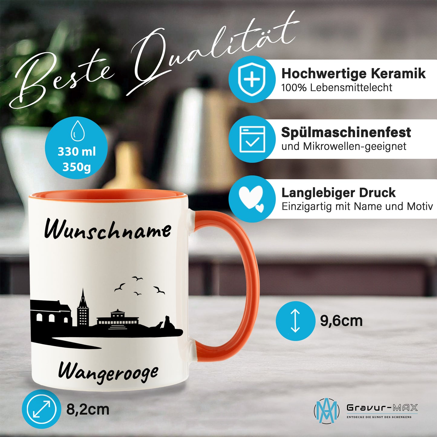 Tasse in Orange 330ml bedruckt mit der Skyline von Wangerooge personalisierbar mit Wunschname