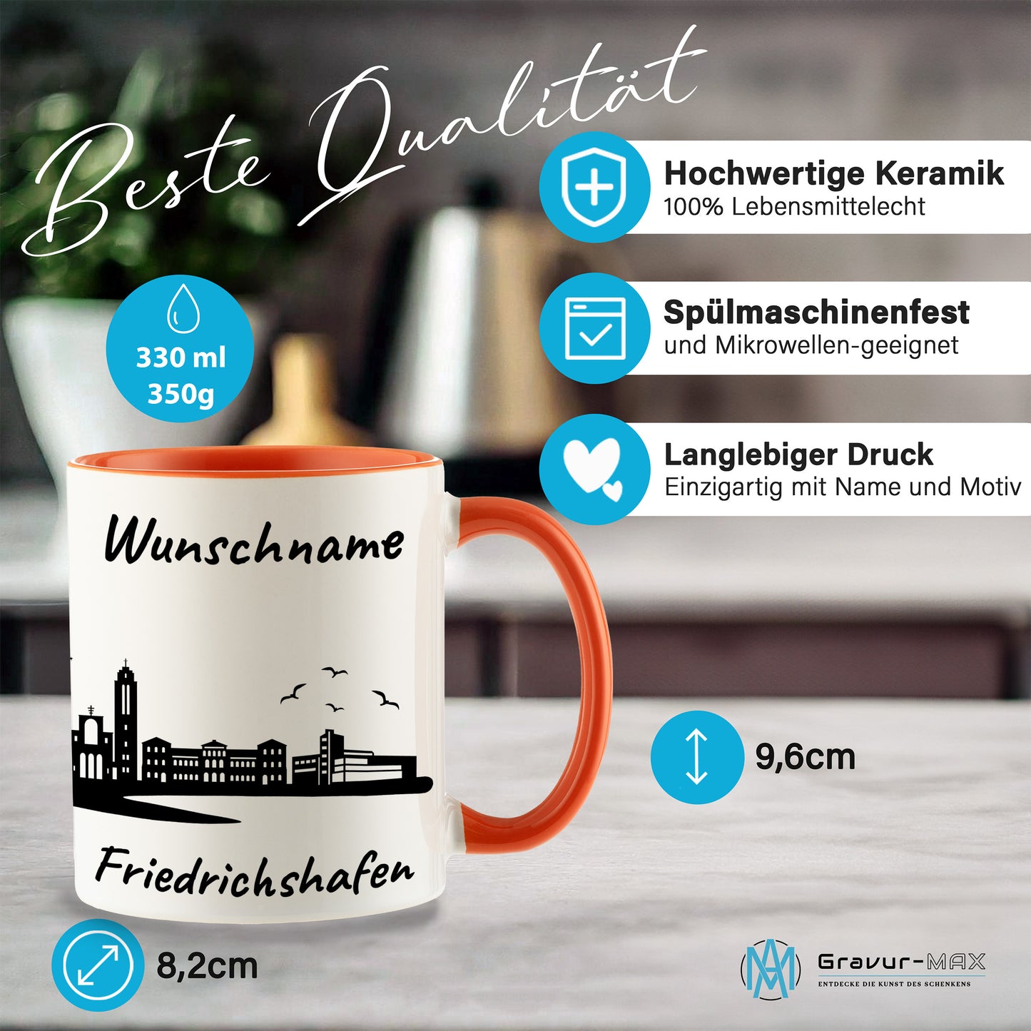 Tasse in Orange 330ml bedruckt mit der Skyline von Friedrichshafen personalisierbar mit Wunschname