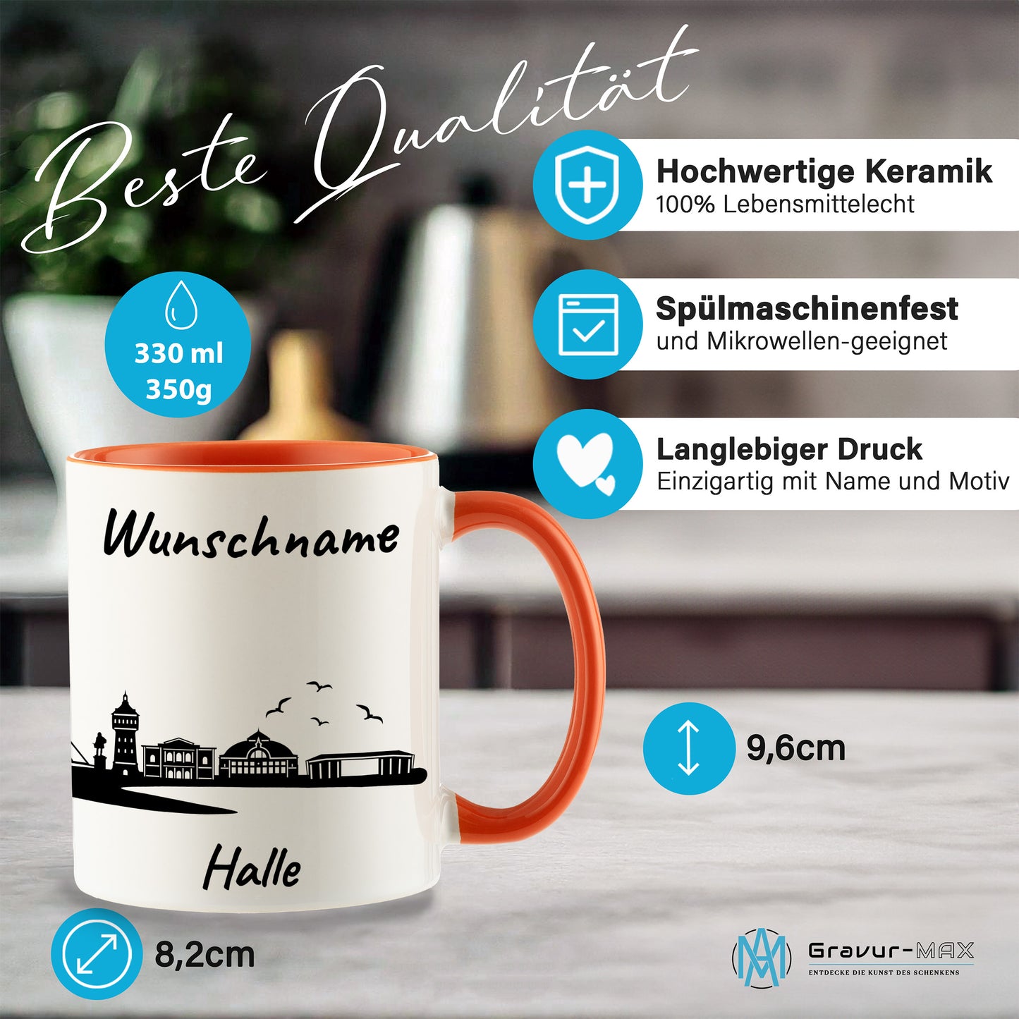 Tasse in Orange 330ml bedruckt mit der Skyline von Halle personalisierbar mit Wunschname