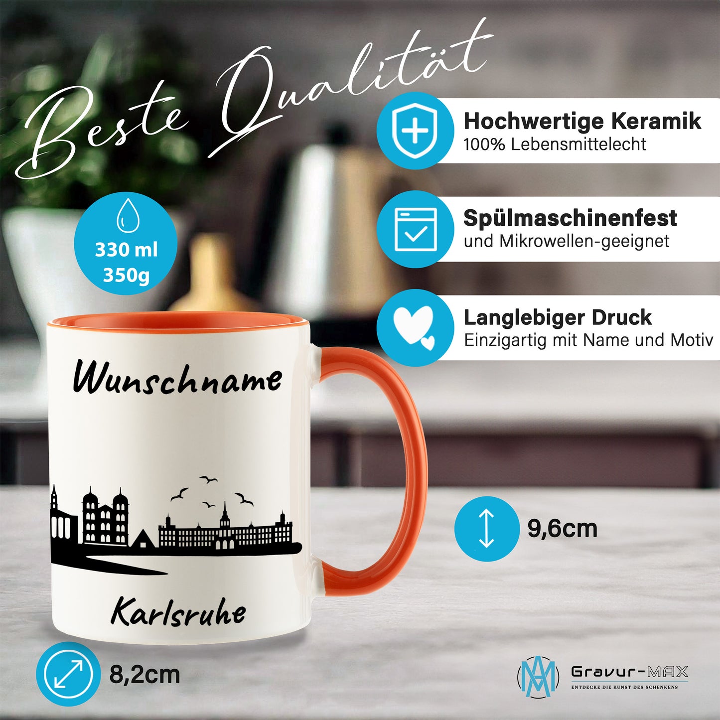 Tasse in Orange 330ml bedruckt mit der Skyline von Karlsruhe personalisierbar mit Wunschname