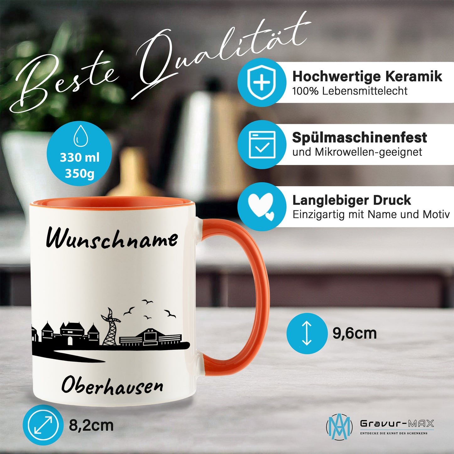 Tasse in Orange 330ml bedruckt mit der Skyline von Oberhausen personalisierbar mit Wunschname