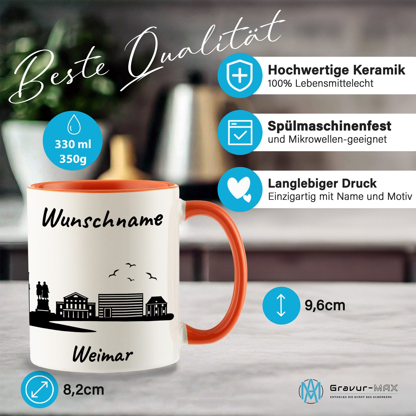 Tasse in Orange 330ml bedruckt mit der Skyline von Weimar personalisierbar mit Wunschname