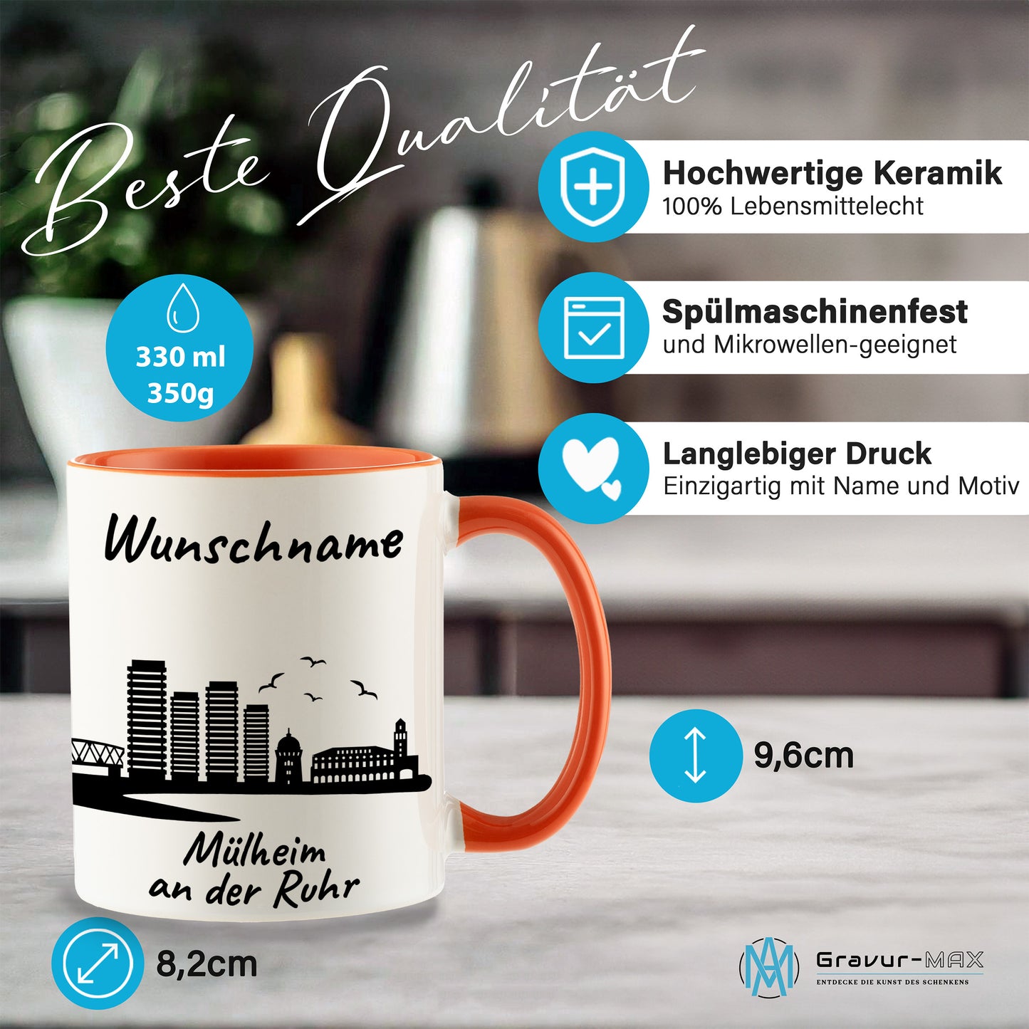 Tasse in Orange 330ml bedruckt mit der Skyline von Mülheim an der Ruhr personalisierbar mit Wunschname