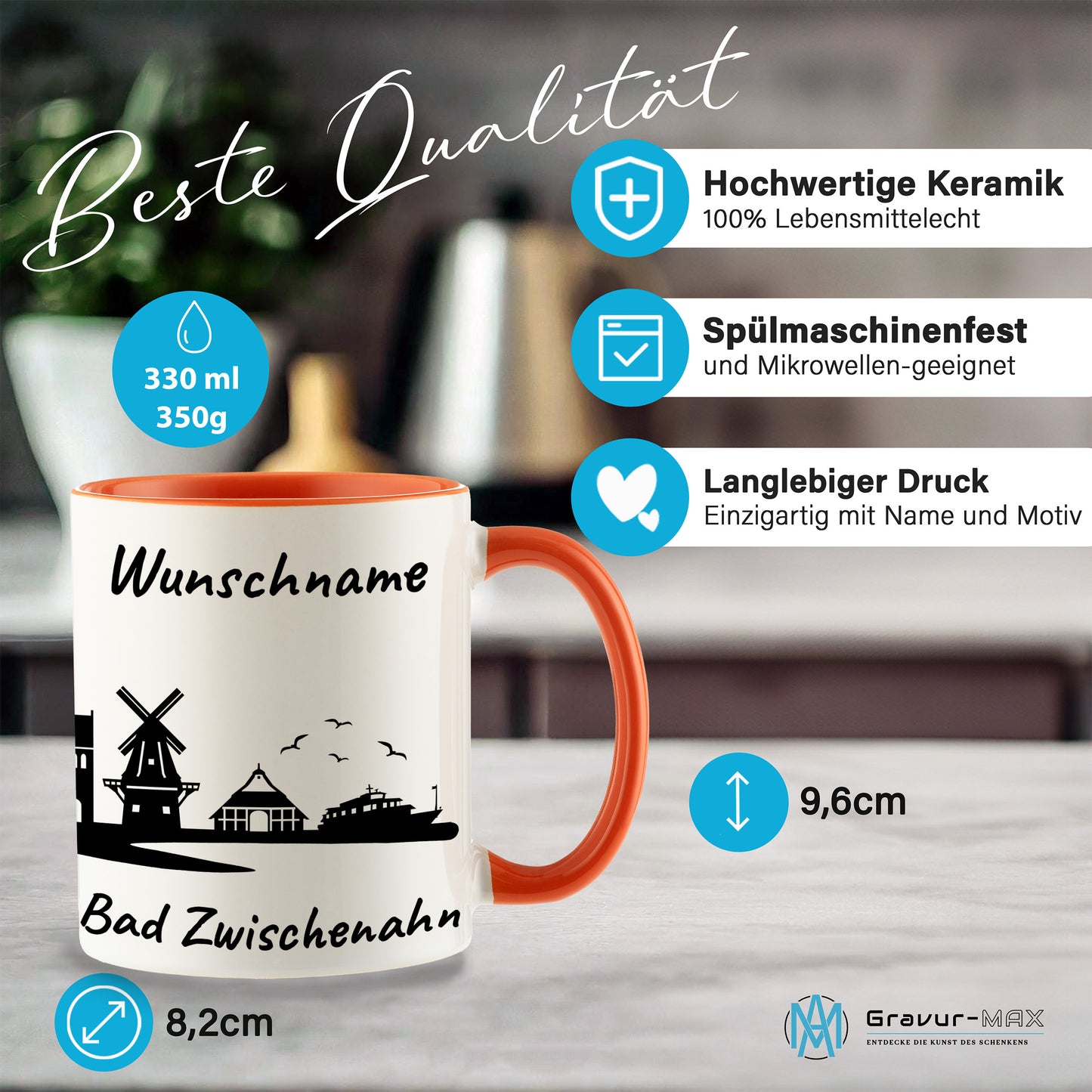 Tasse in Orange 330ml bedruckt mit der Skyline von Bad Zwischenahn personalisierbar mit Wunschname