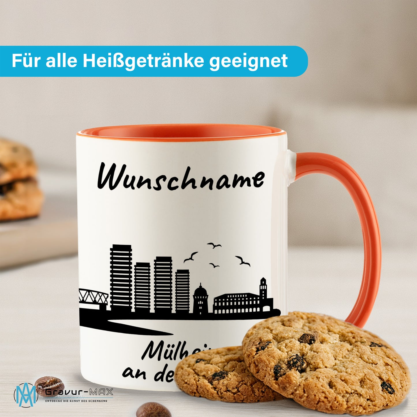 Tasse in Orange 330ml bedruckt mit der Skyline von Mülheim an der Ruhr personalisierbar mit Wunschname