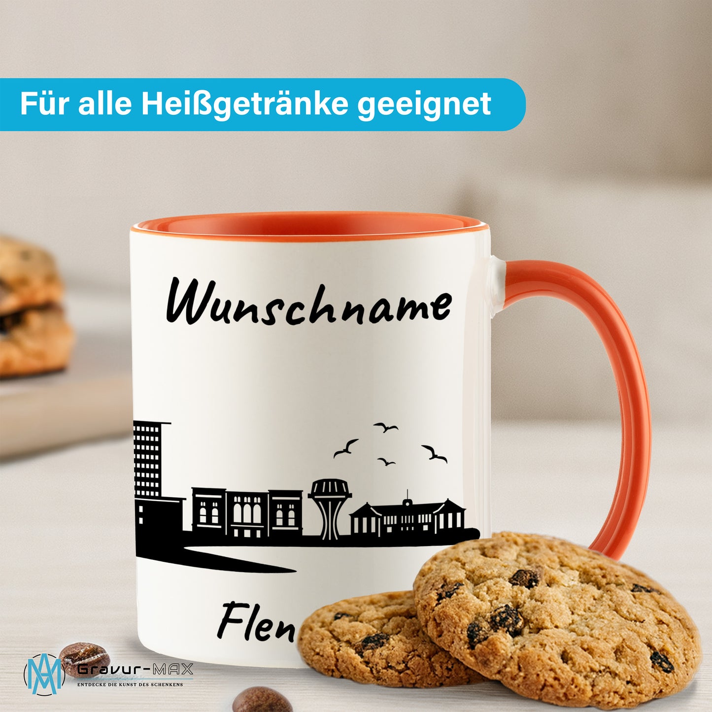 Tasse in Orange 330ml bedruckt mit der Skyline von Flensburg personalisierbar mit Wunschname