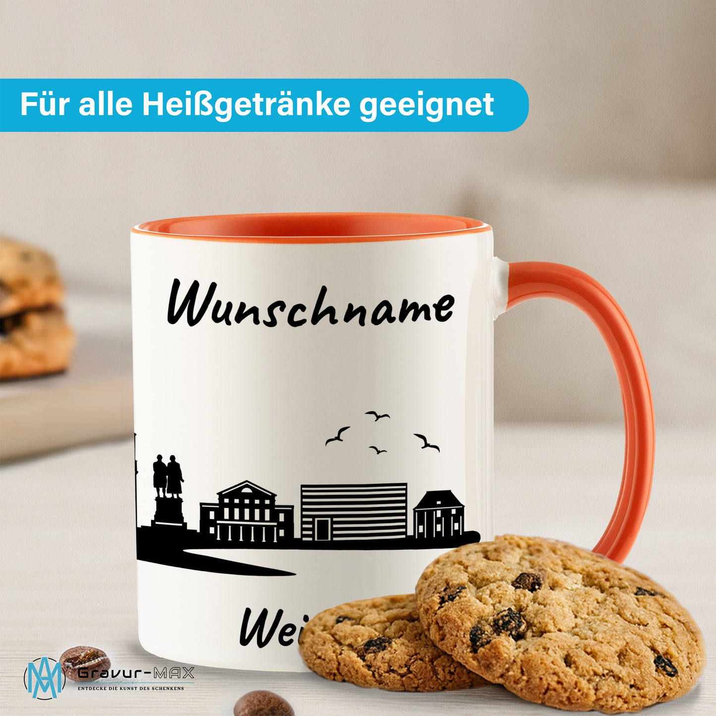 Tasse in Orange 330ml bedruckt mit der Skyline von Weimar personalisierbar mit Wunschname