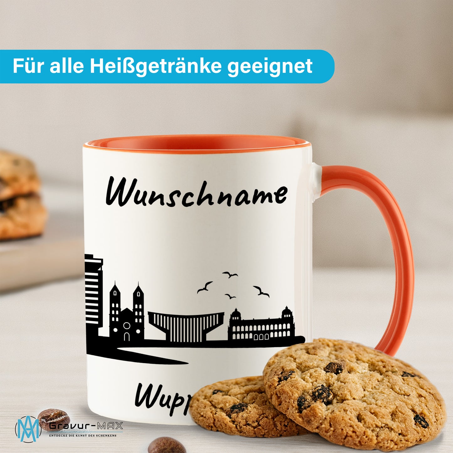 Tasse in Orange 330ml bedruckt mit der Skyline von Wuppertal personalisierbar mit Wunschname