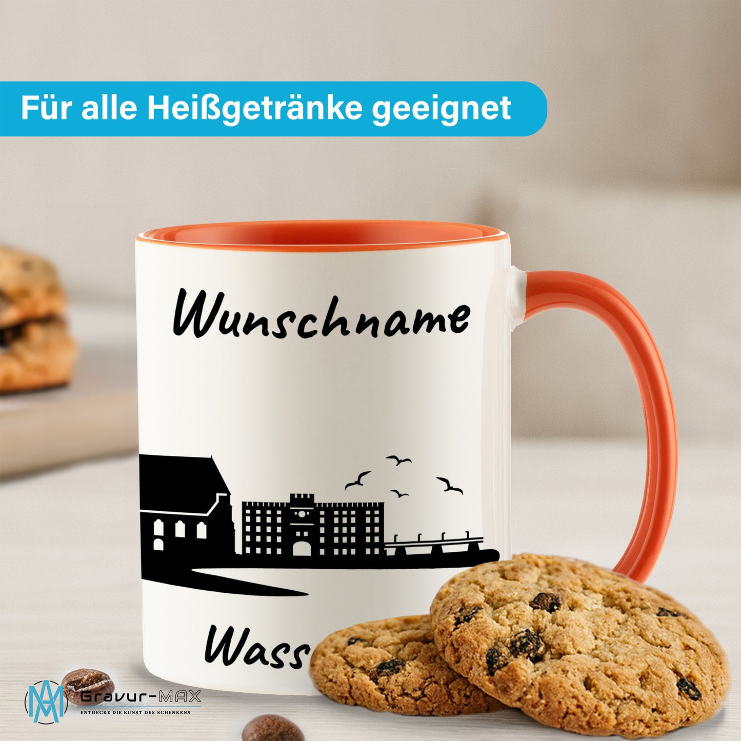 Tasse in Orange 330ml bedruckt mit der Skyline von Wasserburg personalisierbar mit Wunschname