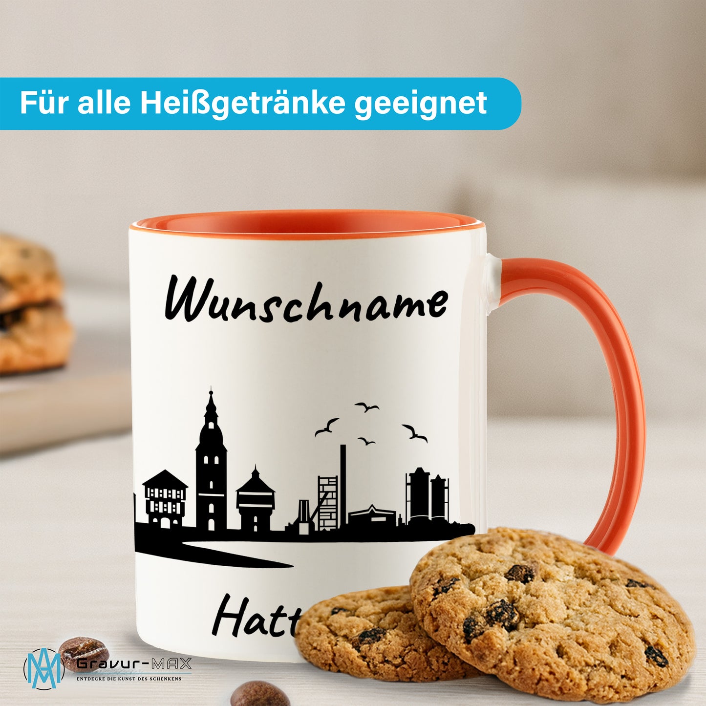 Tasse in Orange 330ml bedruckt mit der Skyline von Hattingen personalisierbar mit Wunschname