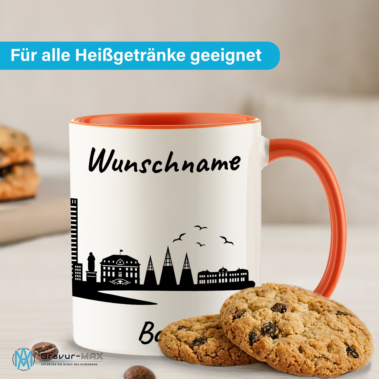 Tasse in Orange 330ml bedruckt mit der Skyline von Bonn personalisierbar mit Wunschname