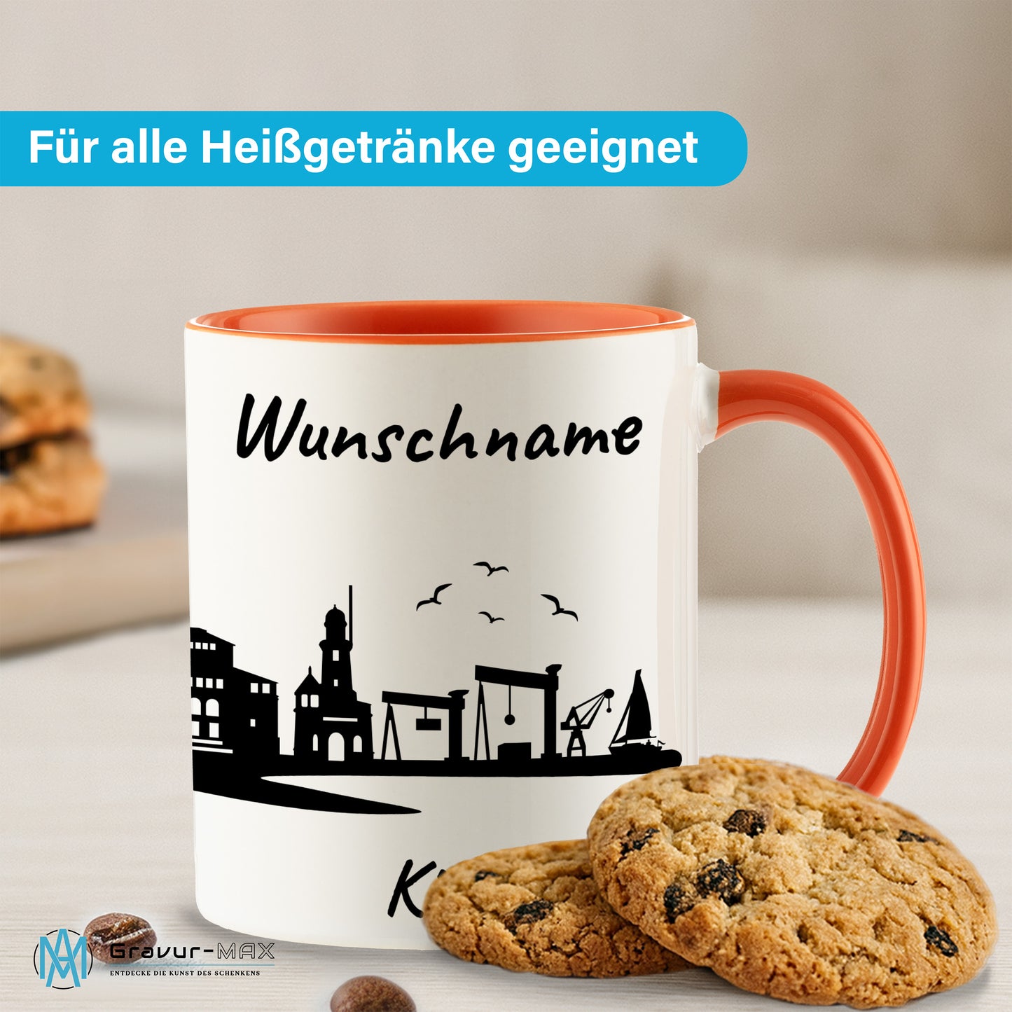 Tasse in Orange 330ml bedruckt mit der Skyline von Kiel personalisierbar mit Wunschname