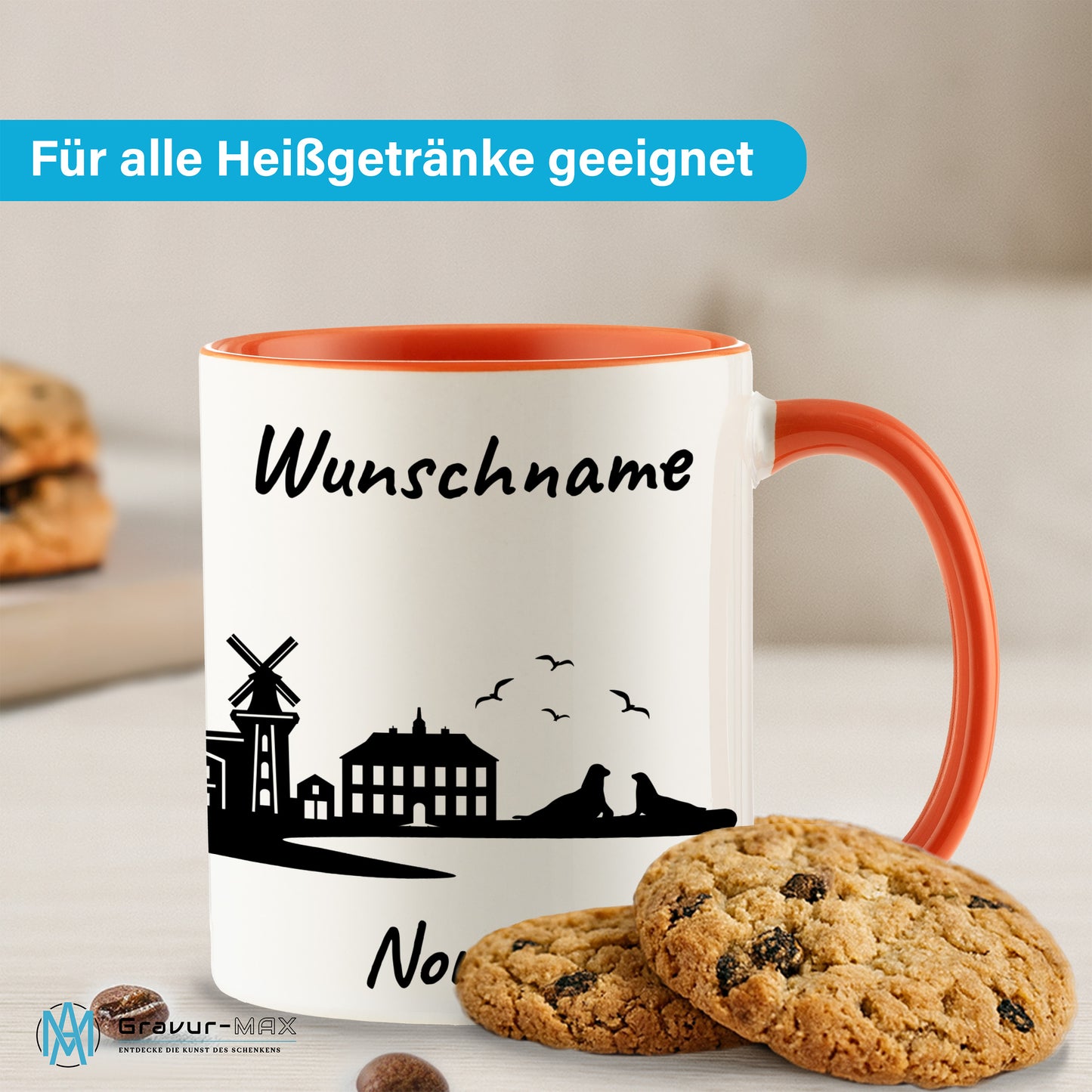 Tasse in Orange 330ml bedruckt mit der Skyline von Norden personalisierbar mit Wunschname