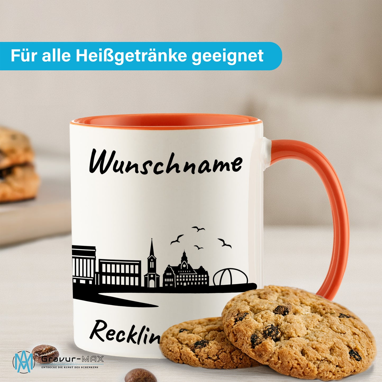 Tasse in Orange 330ml bedruckt mit der Skyline von Recklinghausen personalisierbar mit Wunschname