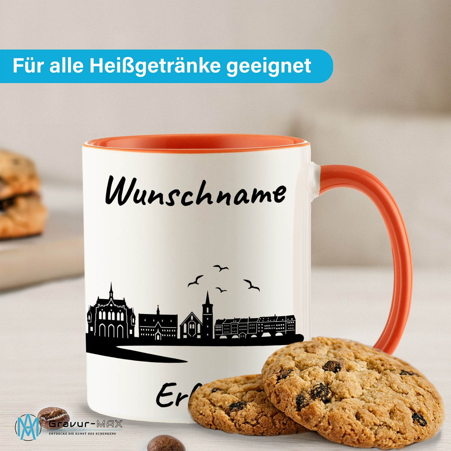 Tasse in Orange 330ml bedruckt mit der Skyline von Erfurt personalisierbar mit Wunschname