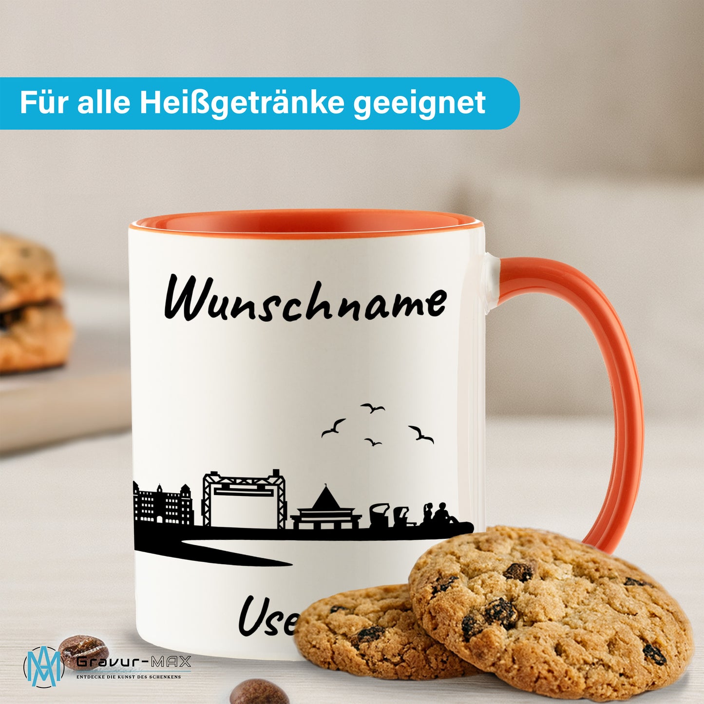 Tasse in Orange 330ml bedruckt mit der Skyline von Usedom personalisierbar mit Wunschname