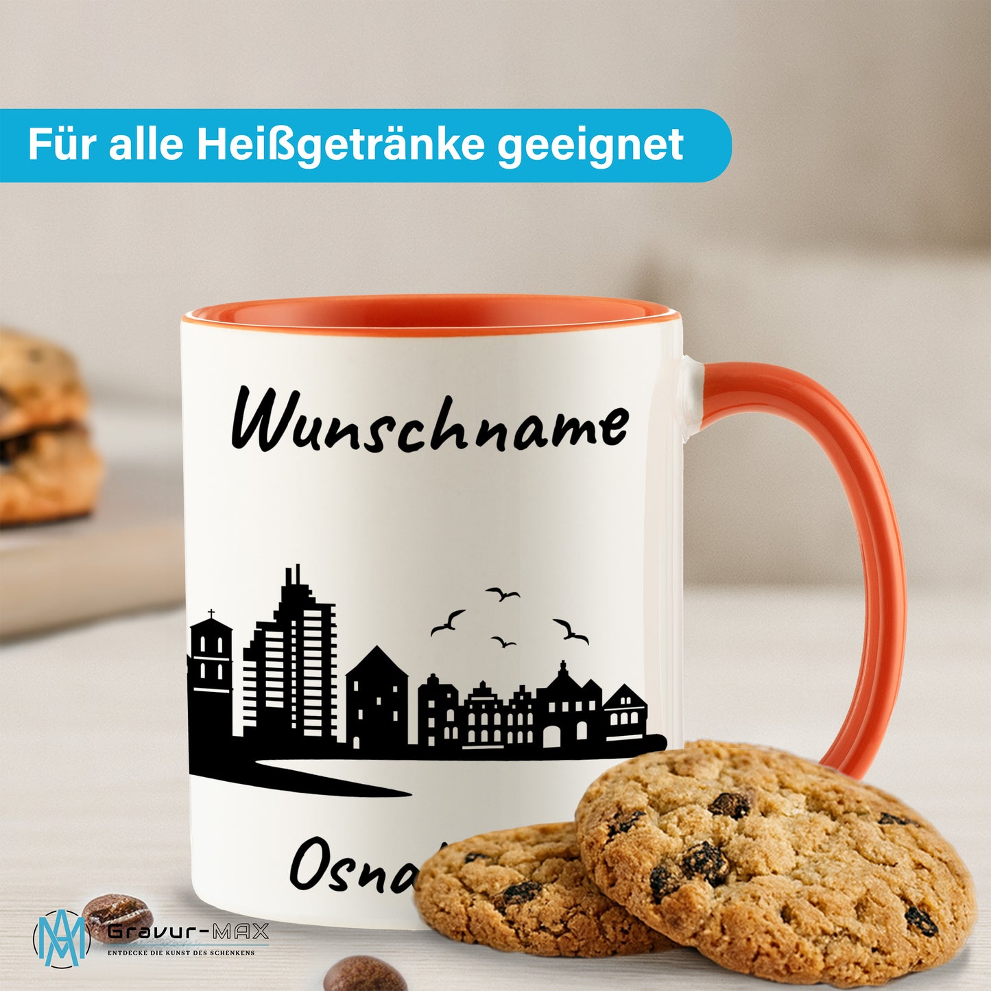 Tasse in Orange 330ml bedruckt mit der Skyline von Osnabrück personalisierbar mit Wunschname