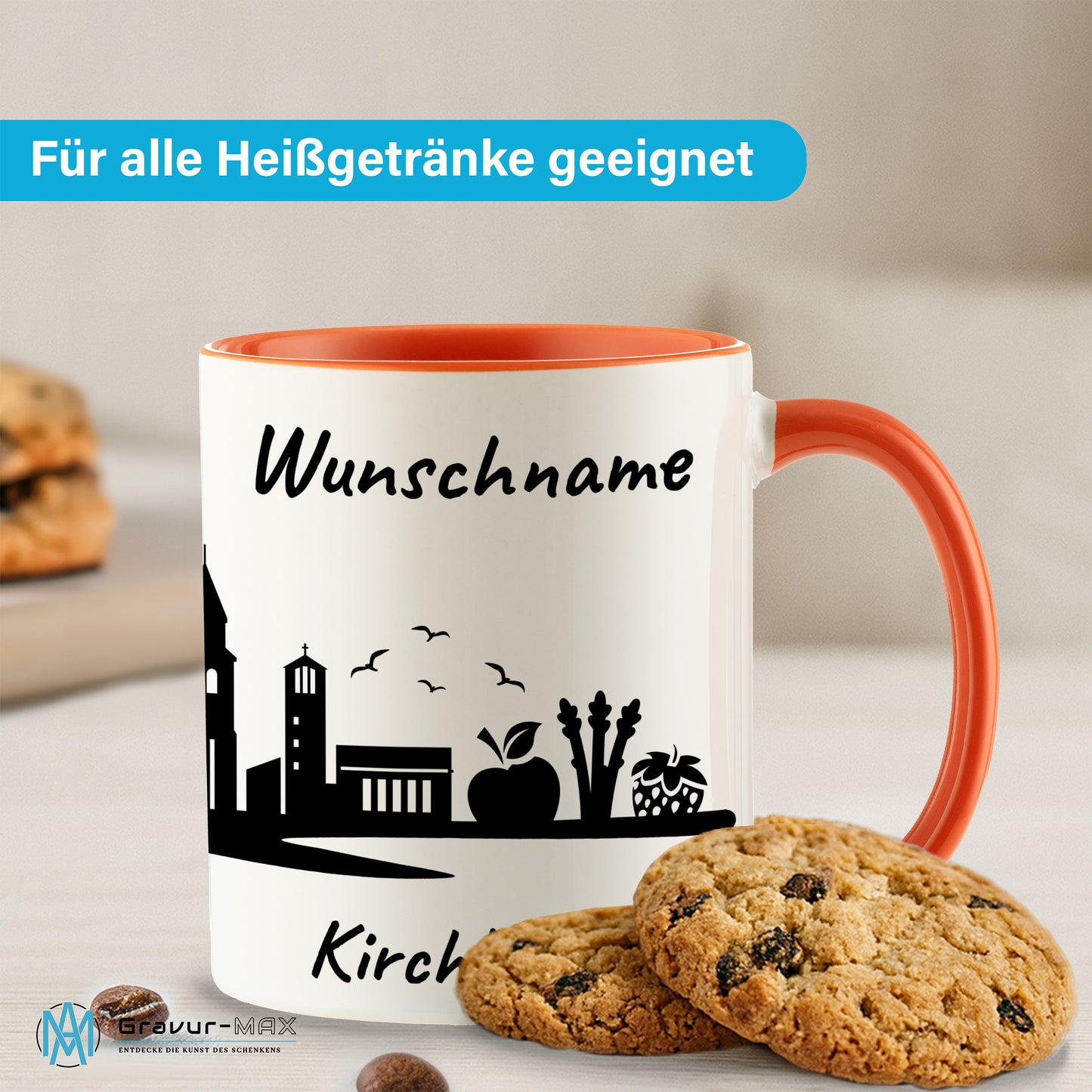 Tasse in Orange 330ml bedruckt mit der Skyline von Kirchhellen personalisierbar mit Wunschname