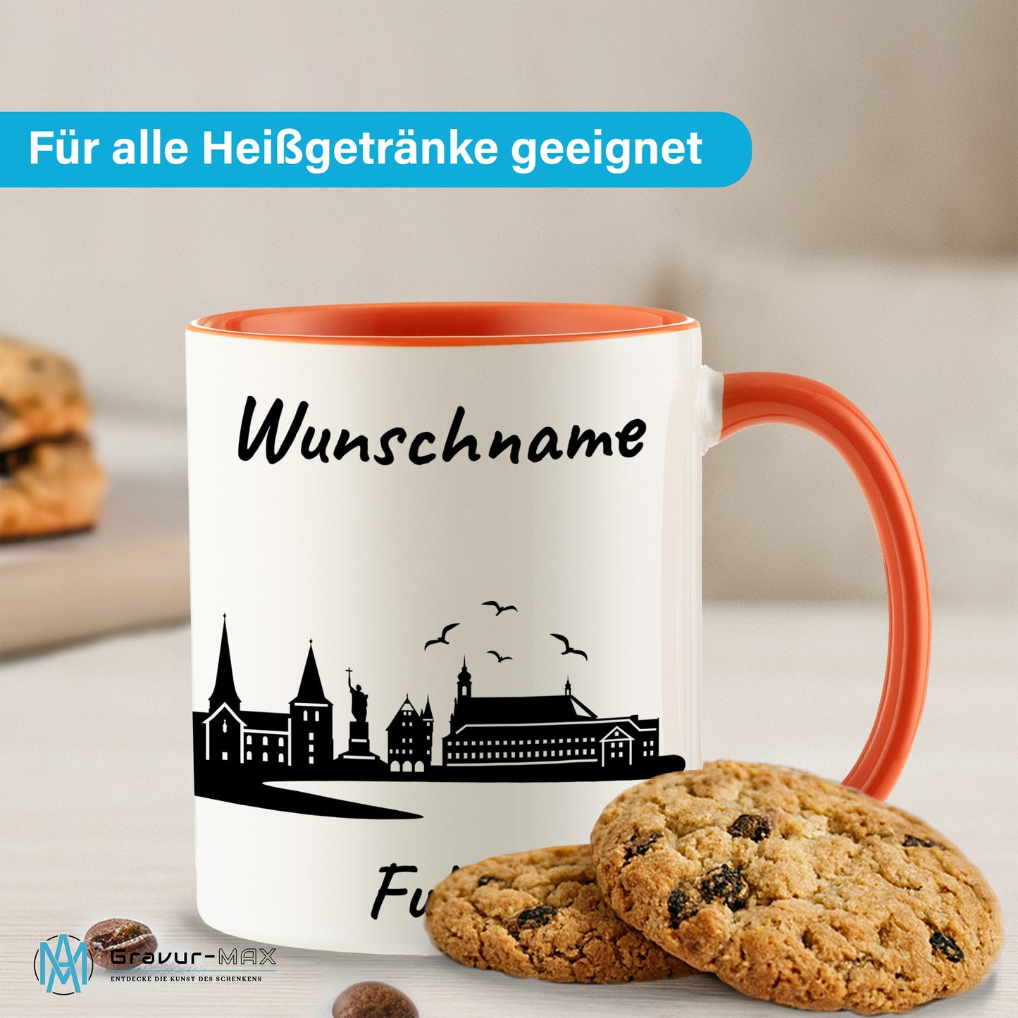 Tasse in Orange 330ml bedruckt mit der Skyline von Fulda personalisierbar mit Wunschname